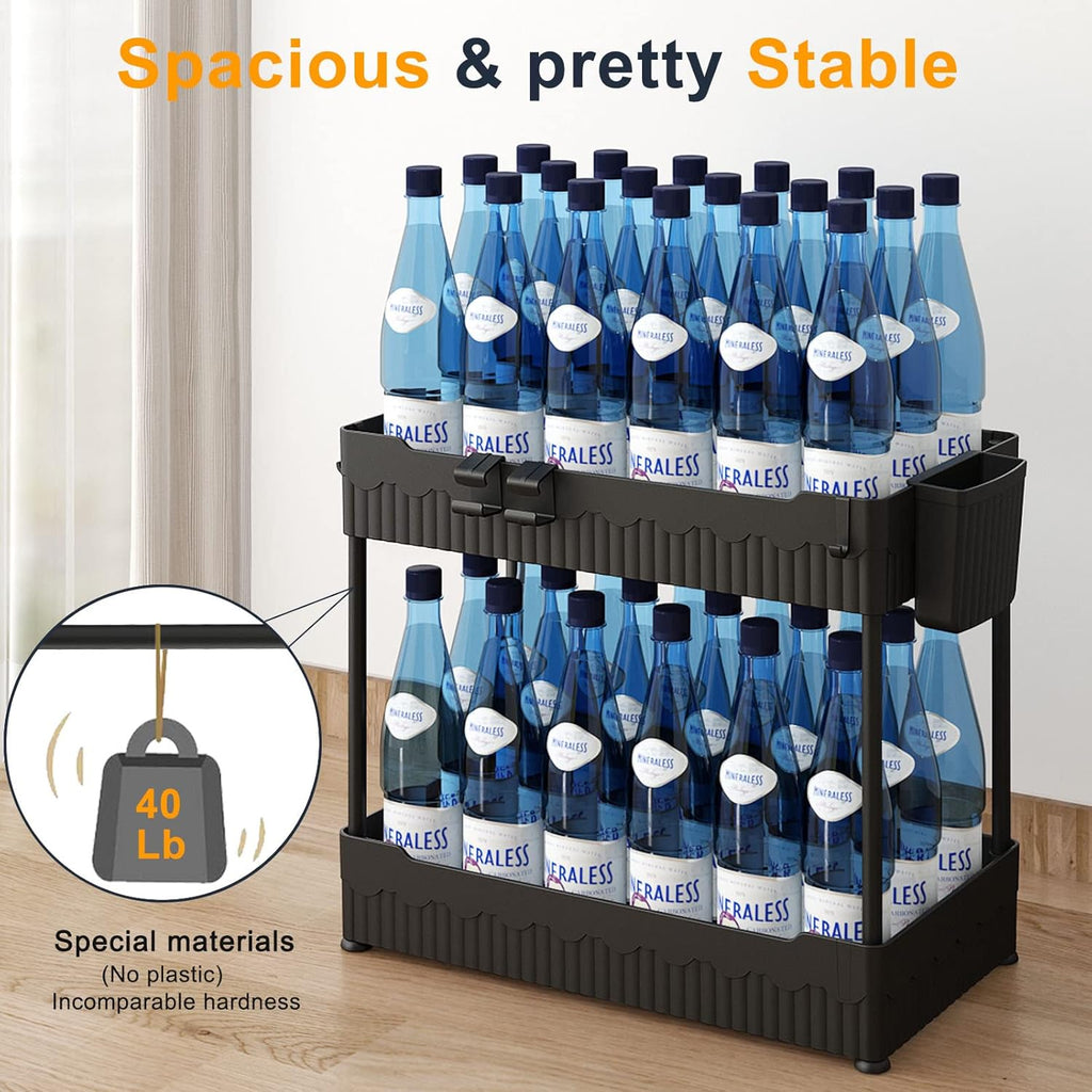 2 Pack Under Sink Organizer and 2 Tier Fruit Basket for Kitchen with 2 Banana Hangers