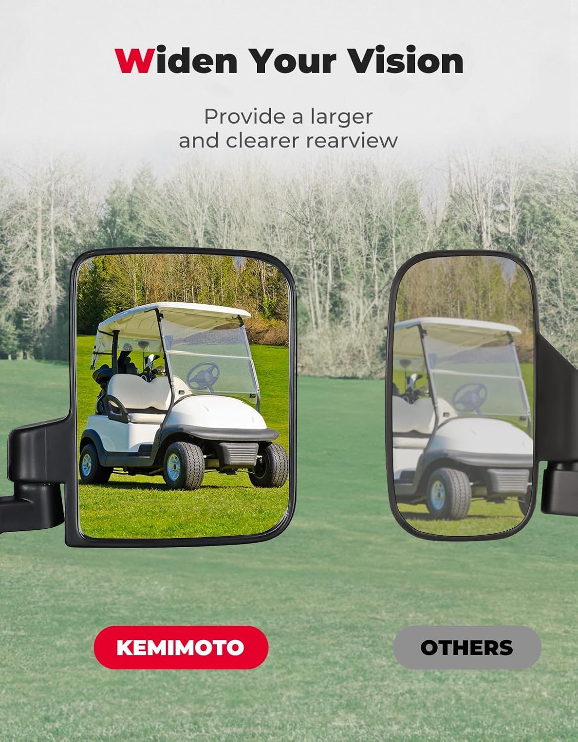 KEMIMOTO No Drilling Golf Cart Side Mirrors, Universal Rear View Mirror for 0.75"-1.25" Square Rail, Folding Design Compatible with EZGO, Club Car, Drive2, ICON, Black