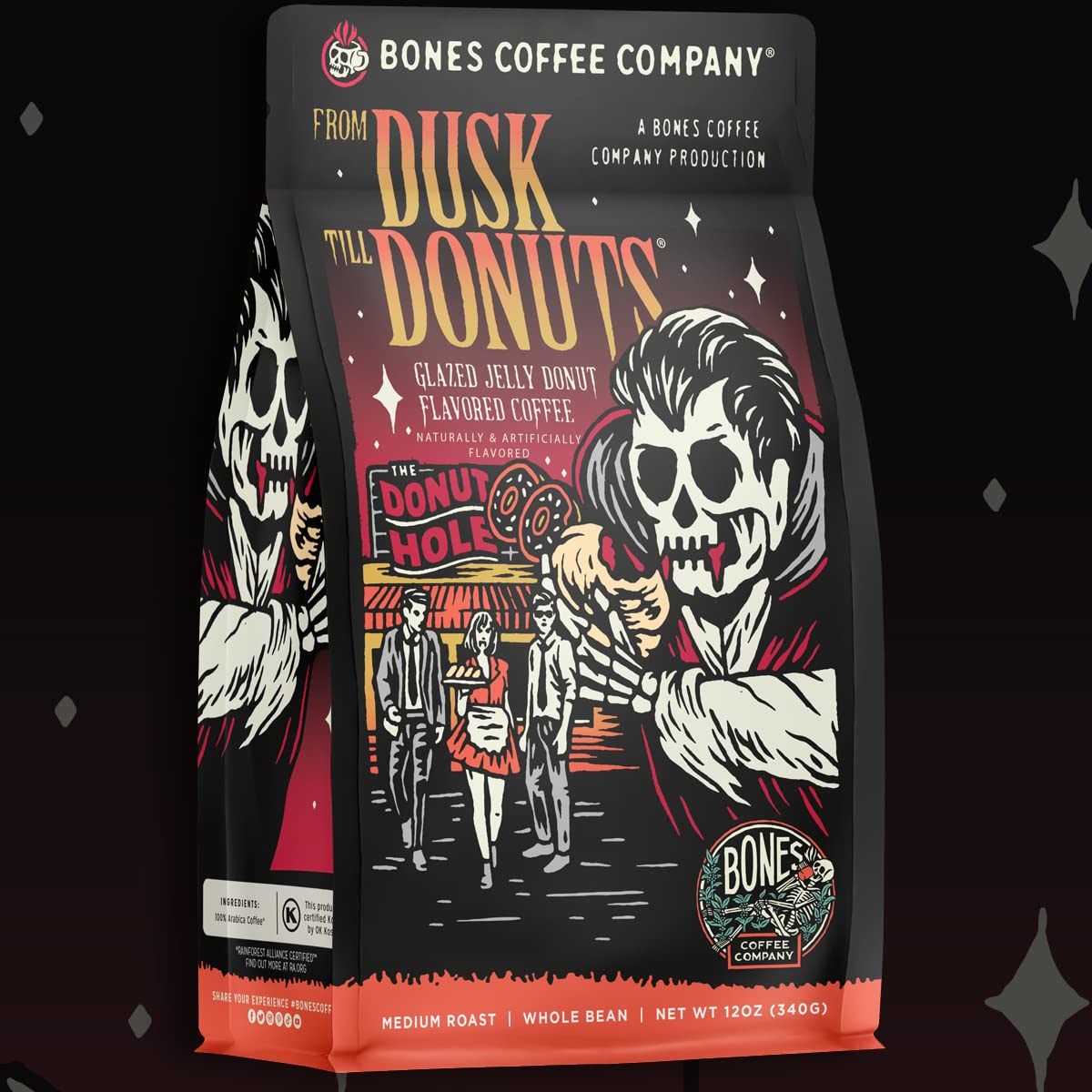 Bones Coffee Company Salty Siren, Sea Salted Caramel Chocolate Flavored Coffee, Medium Roast Low Acid Arabica Beans Compatible with Auto drip and French Press Coffee Maker, 12 Oz Whole Bean