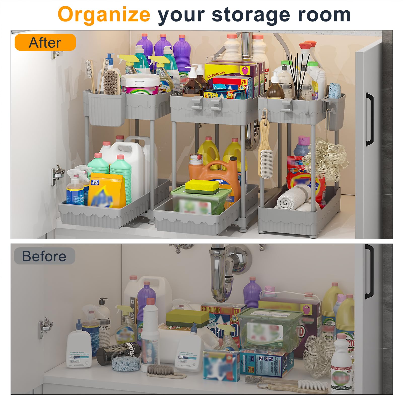 3 Pack Under Sink Organizers, 2-Tier Multi-Use Kitchen and Bathroom Organizers and Storage with Sliding Drawers，Bathroom Cabinet Organizer (Black, 12.8 Inch)