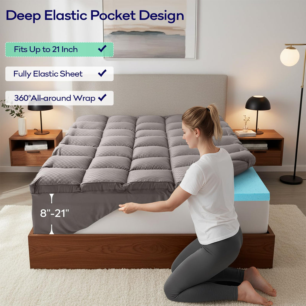 OLANLY Dual-Layer 4 Inch Queen Size Memory Foam Mattress Topper for Back Pain, 2 Inch Cooling Pillow Top Mattress Pad Cover and 2 Inch Gel Memory Foam Topper, Deep Elastic Pocket, Grey