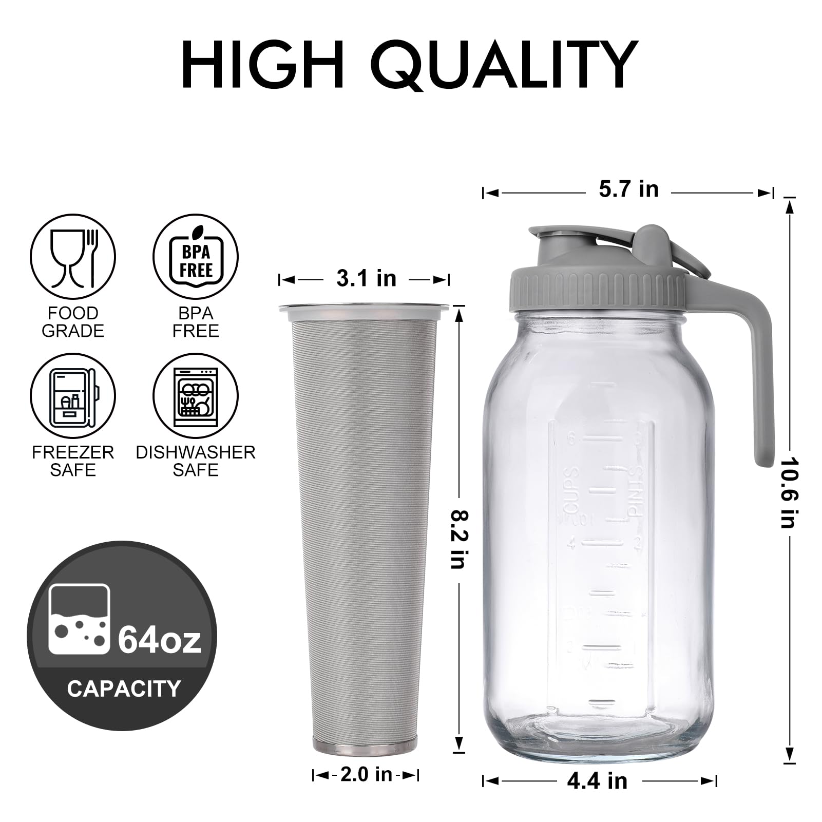 Cold Brew Mason Jar iced Coffee Maker, Durable Glass, - 64 oz (2 Quart / 1.9 Liter), With Handle& Stainless Steel Filter for Iced Brew Coffee, Lemonade, Ice Tea, Homemade Fruit Drinks Container
