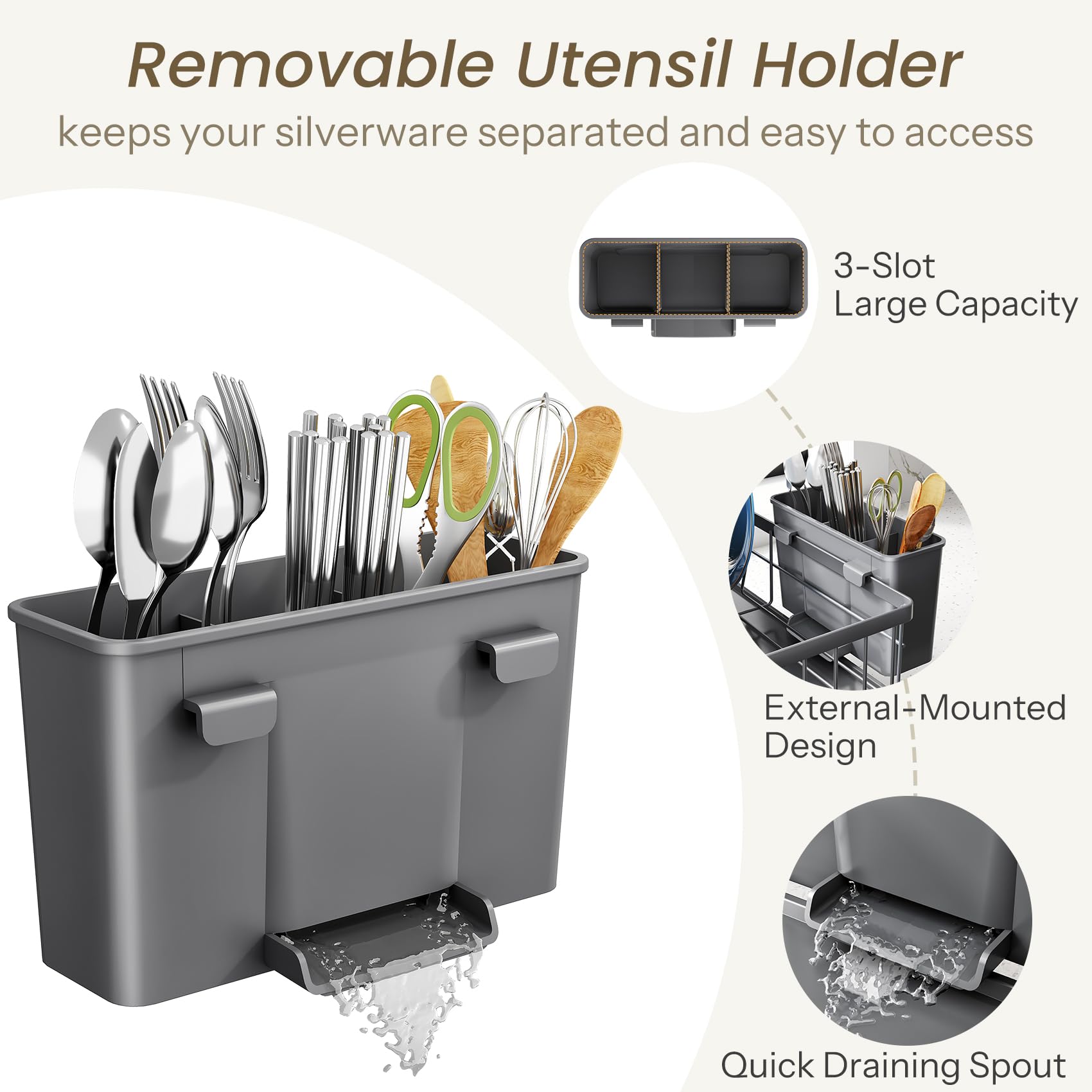 SNTD Dish Drying Rack - Small Dish Rack for Kitchen Counter, Stainless Steel Dish Drainer with Utensil Holder and Drainboard, 11" W x 15" L (Black)