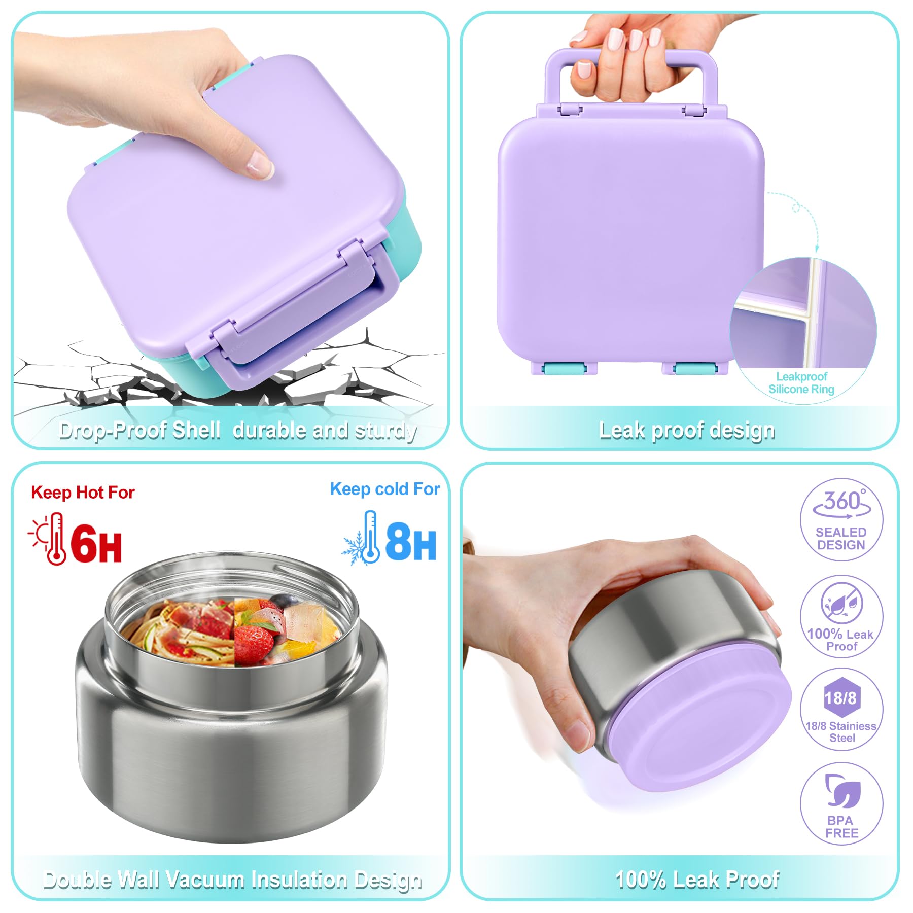 Kids Bento Lunch Box with 9oz Soup Thermo Leakproof Lunch Food Containers 4 Compartment with Insulated Hot Food Jar for Kid Toddler Girls Boys to School Trvael