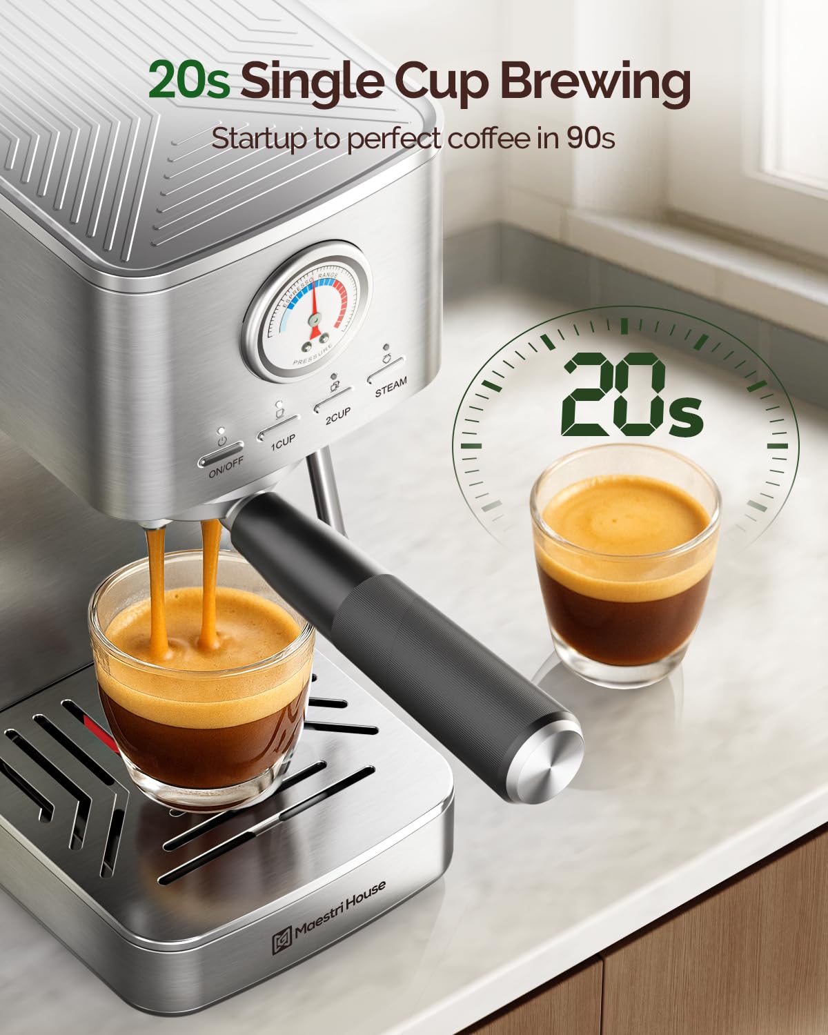 Maestri House Espresso Machine, 20 Bar ULKA Pump, Compact Espresso Maker Built-in Flow Meter Steam Milk Frother, Stainless Steel Coffee Machine for Cappuccino, Latte (Black)