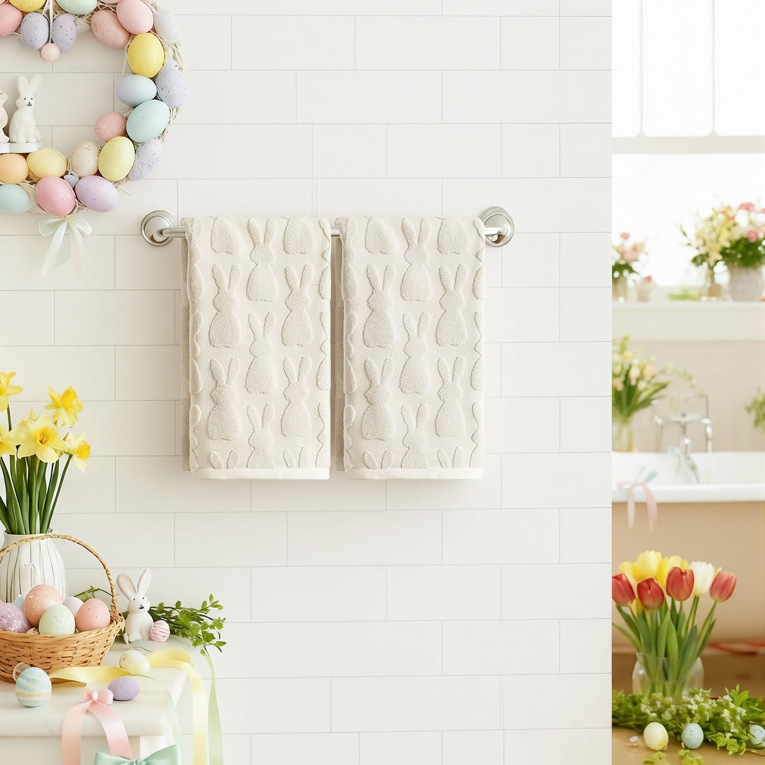 Artoid Mode 2 Pcs Beige 3D Rabbit Jacquard Easter Hand Towels for Bathroom, 100% Cotton Soft Absorbent Bathroom Decor Towels, 13.7 x 29.5 Inch