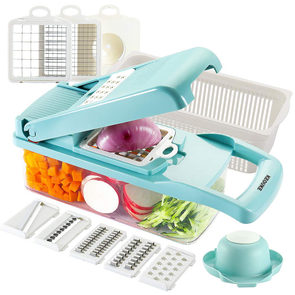 KEOUKE Vegetable Chopper Mandoline Slicer Grey - 12 in 1 Interchangeable Blades Food Chopper with Container, Hand Guard & Drainer, Veggie Dicer Kitchen Gadget for Onion, Cucumber, Tomato, Fruit