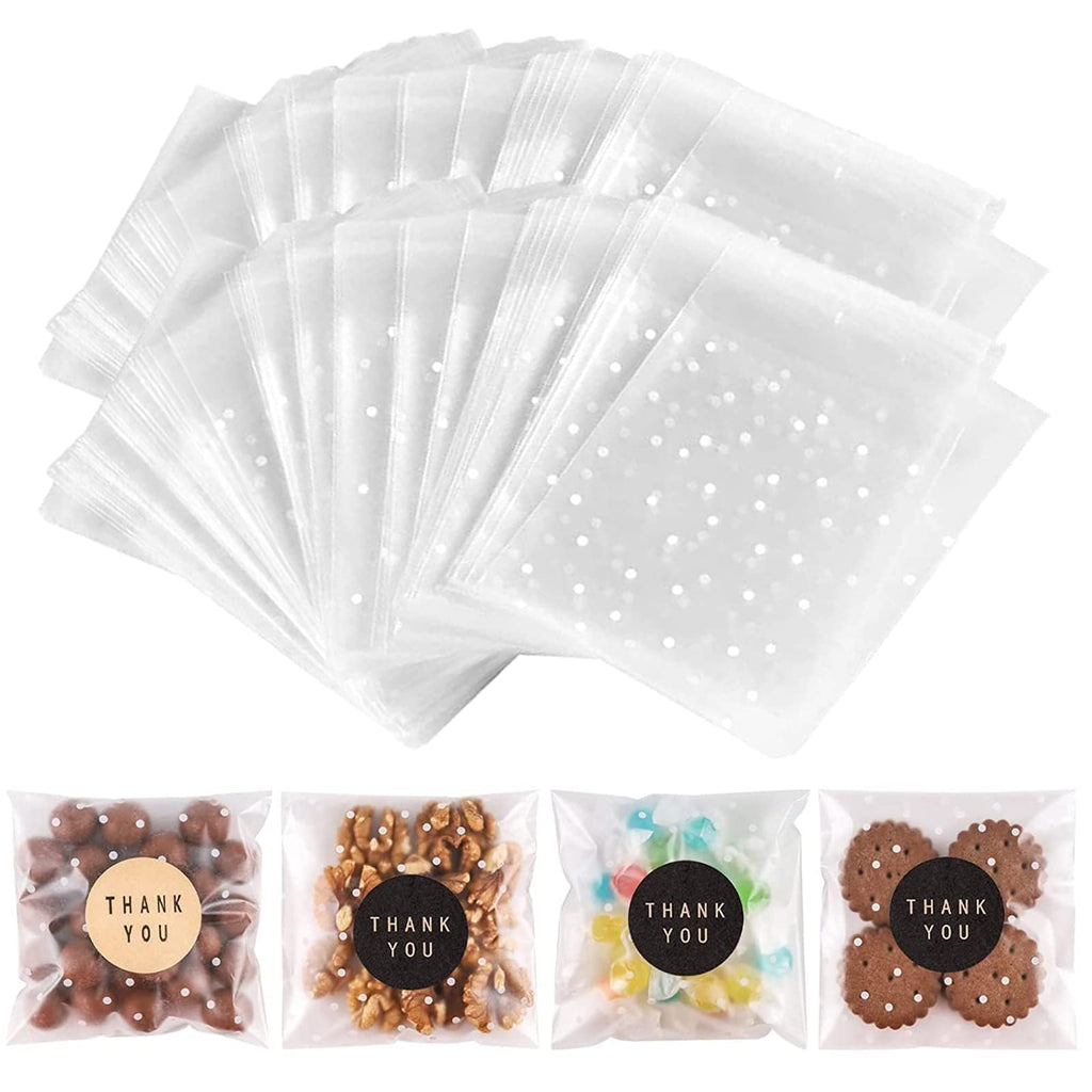 100PACK Self Sealing Cellophane Bags Clear Cookie Treat Bags Thank You for Gift Giving Candy with Stickers(White Polka Dot, 4x4 INCH)