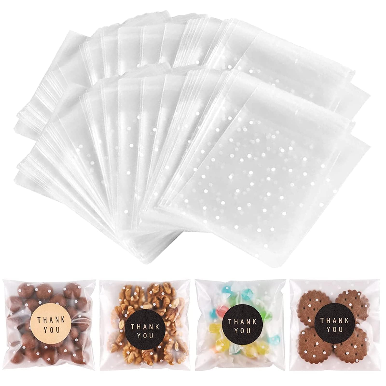 100PACK Self Sealing Cellophane Bags Clear Cookie Treat Bags Thank You for Gift Giving Candy with Stickers(White Polka Dot, 4x4 INCH)