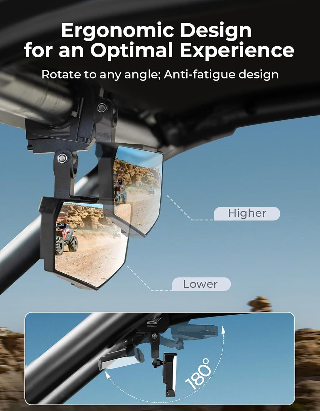 KEMIMOTO UTV Rear View Mirror, SXS UTV Mirror Clear View with 1.5-2 inch 360° Adjustable Low Profile Aluminum Clamp Compatible with Polaris RZR 1000 Pioneer Talon Kawasaki KRX Mule Can Am X3 Zforce