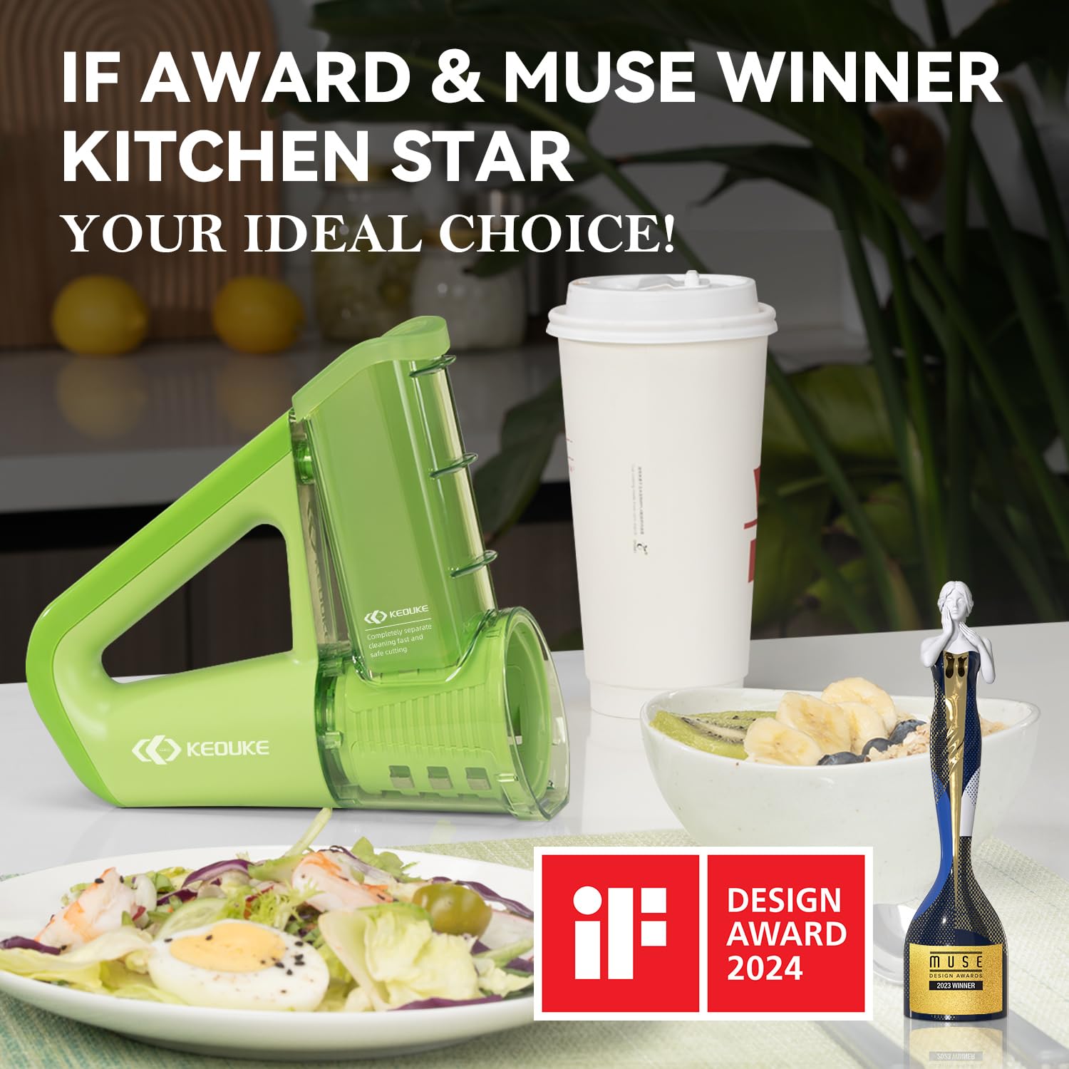 KEOUKE Electric Handheld Salad Shooter Green - Cordless Rechargeable Kitchen Vegetabler Cutter One Touch Control, Slicing, Shredding, Ice Shaving, 4 Blades, Dual Storage Cups, Overheat Protection