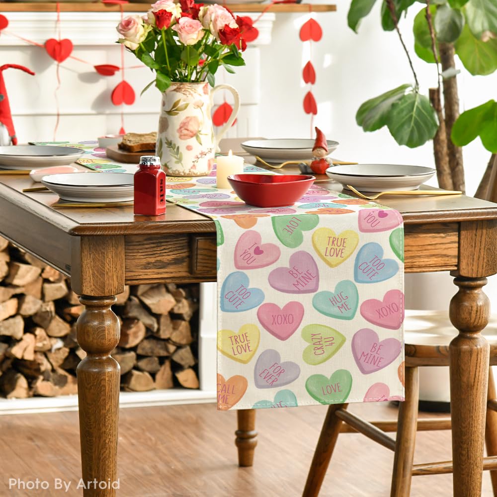 Artoid Mode Ture Love Heart Valentine's Day Table Runner, Seasonal Kitchen Dining Table Decoration for Home Party Decor 13x72 Inch