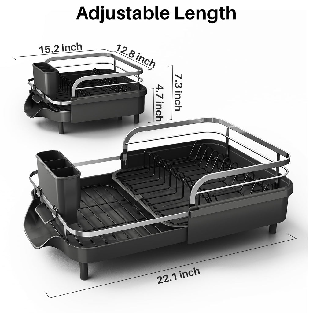 SNTD Dish Drying Rack, Expandable Dish Rack for Kitchen Counter, Stainless Steel Dish Drainer with Drainboard Set and Utensil Holder (Black)