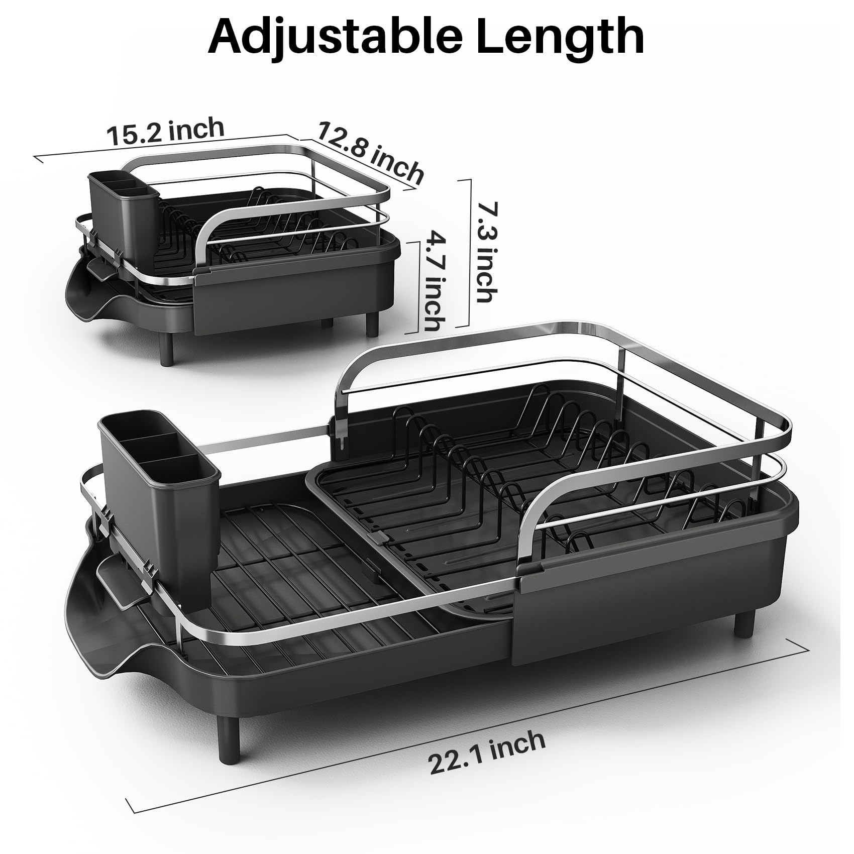 SNTD Dish Drying Rack, Expandable Dish Rack for Kitchen Counter, Stainless Steel Dish Drainer with Drainboard Set and Utensil Holder (Black)