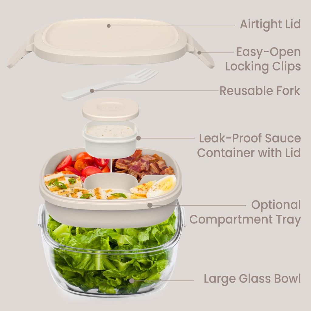 Bentgo Glass Salad Container - 7.6-Cup Salad Bowl with Airtight Lid, Leak-Proof Sauce Container, 4-Compartment Bento Tray & Reusable Fork - BPA-Free for Meal Prep, Office & More (Lavender)