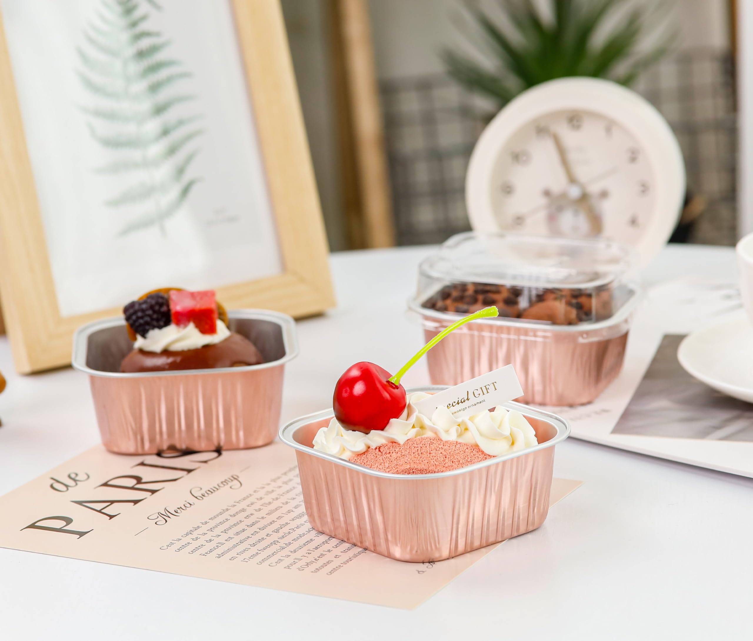 50 Pcs Mini Cake Pans with Lids and Spoons Aluminum Foil Mini Square Baking Cups with Lids Disposable Ramekins Cake Pans Dessert Cups for Wedding Birthday Party(Pink,5oz)