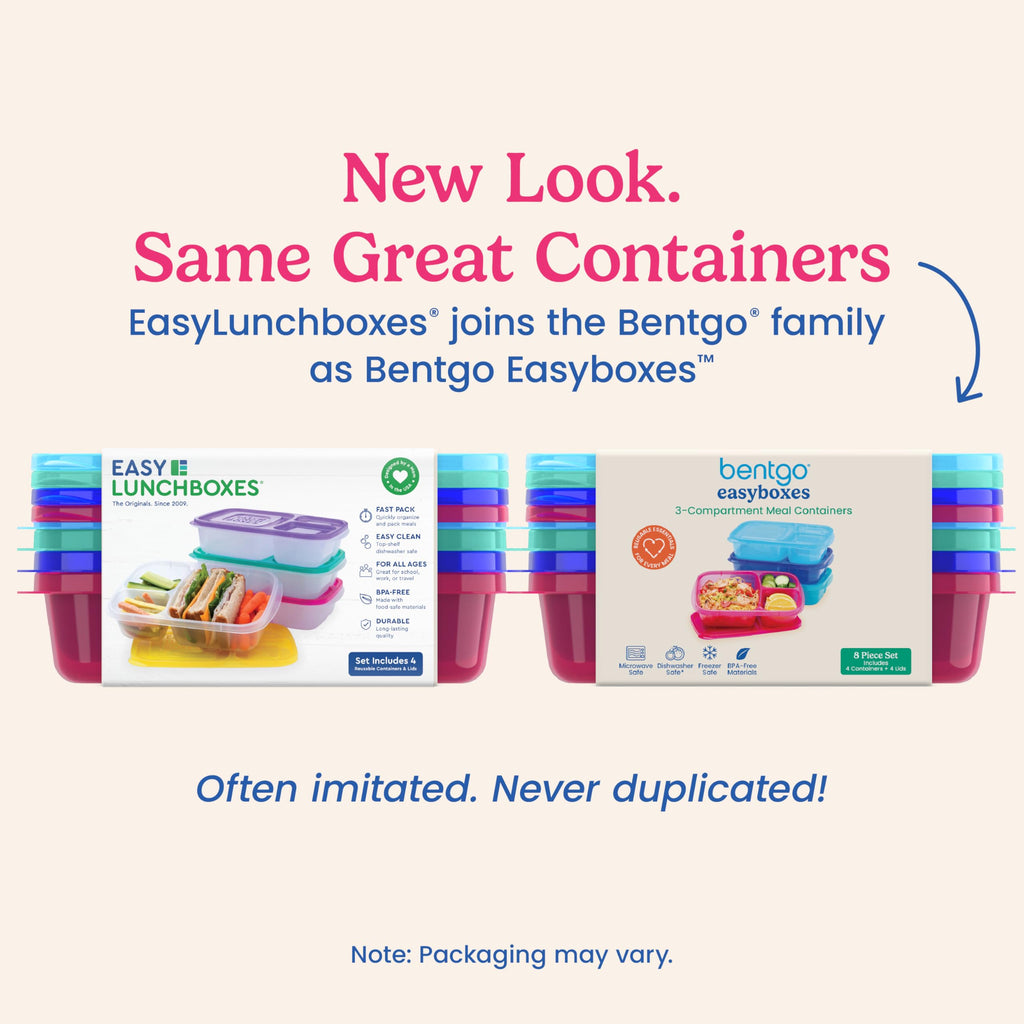 Bentgo Easyboxes - Original Stackable Lunch Boxes - Reusable 3-Compartment Food Containers for Kids and Adults - Bento Lunch Box for Meal Prep, School, & Work - BPA Free, Set of 4 (Classic)