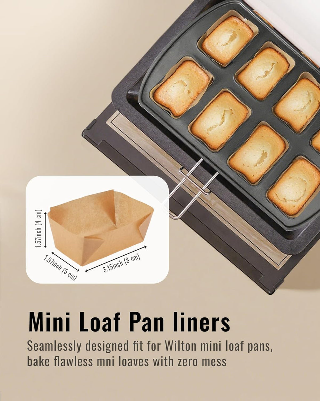100 Pcs Mini Loaf Pan Liners Compatible with Wilton Mini Loaf Pan, Natural Parchment Paper Cupcake Liners, Petite Loaf Baking Cups for Cupcake, Muffin, Brownies, 3.15 * 1.97 * 1.57inch