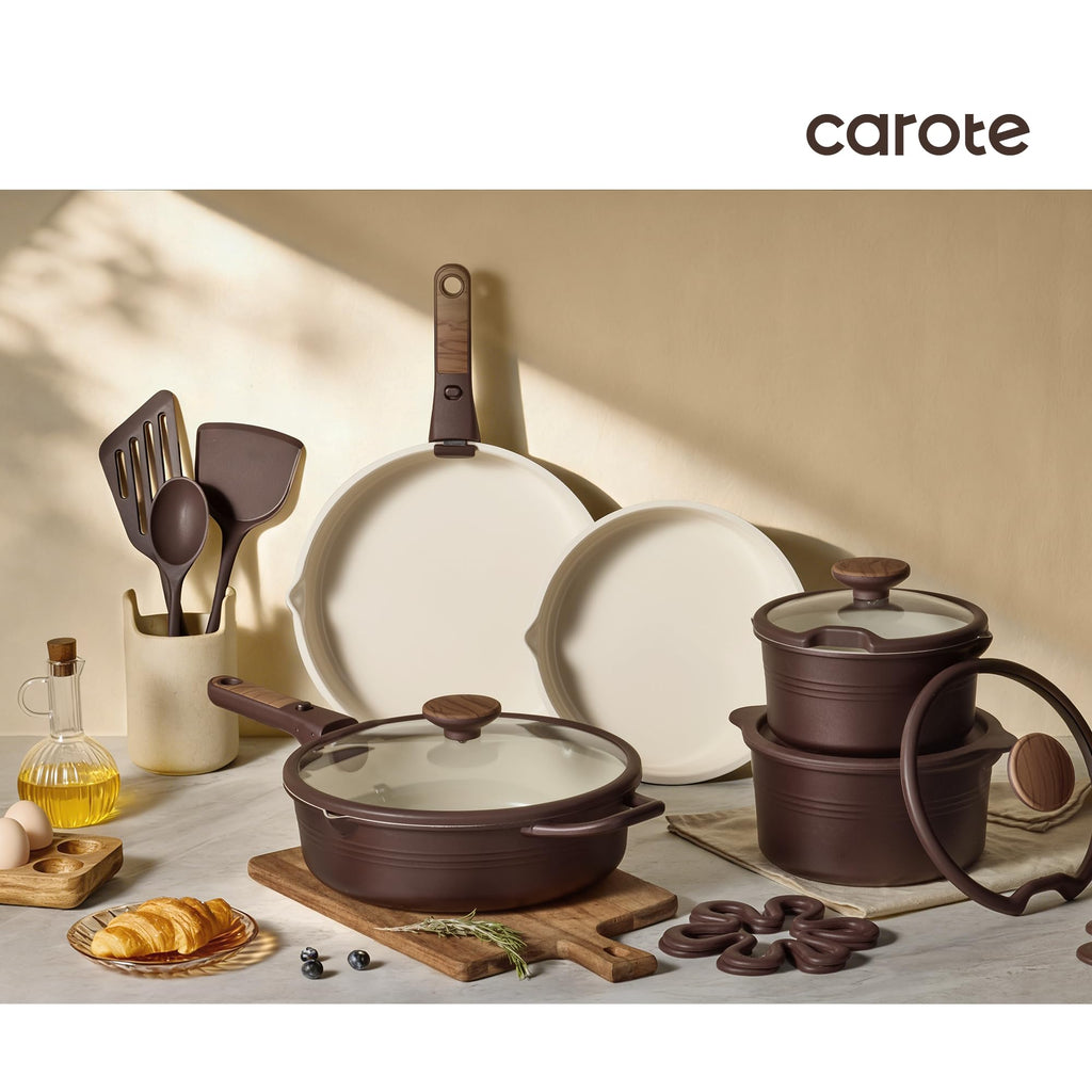 CAROTE 20Pcs Titanium Cookware Set, Pots and Pans Set Non Stick, Kitchen Cooking Set with Detachable Handle, Non Toxic Induction Cookware, Dishwasher/Oven Safe