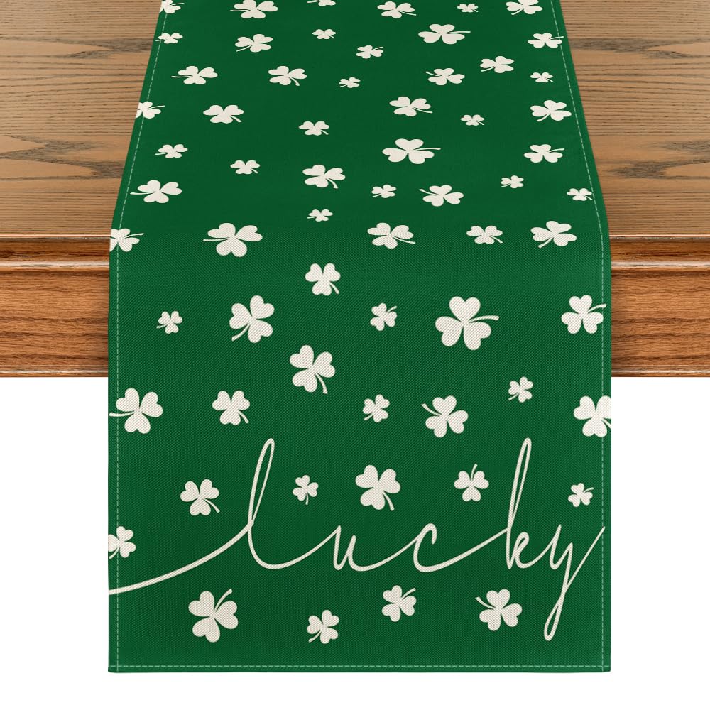Artoid Mode Beige Lucky Shamrock St. Patrick's Day Table Runner, Seasonal Spring Holiday Kitchen Dining Table Decoration for Indoor Outdoor Home Party Decor 13 x 72 Inch