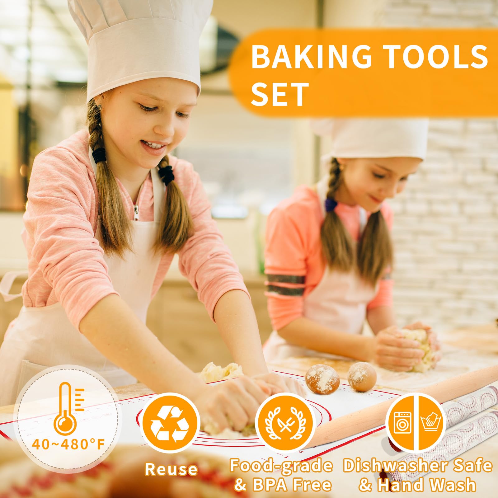 Silicone Baking Mat Sets, Dough Mat with Macaron Baking Mat Pastry Cutter Rolling Pin,Food Safe Pastry Mat, Reusable Cookie Sheets Liner