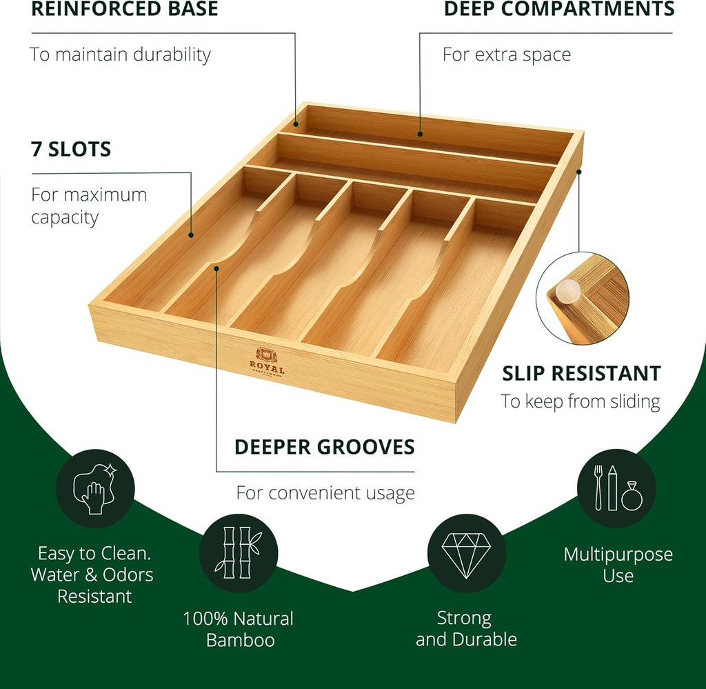 ROYAL CRAFT WOOD Luxury Bamboo Kitchen Drawer Organizer - Silverware Organizer - Utensil Holder and Cutlery Tray with Grooved Drawer Dividers for Flatware and Kitchen Utensils