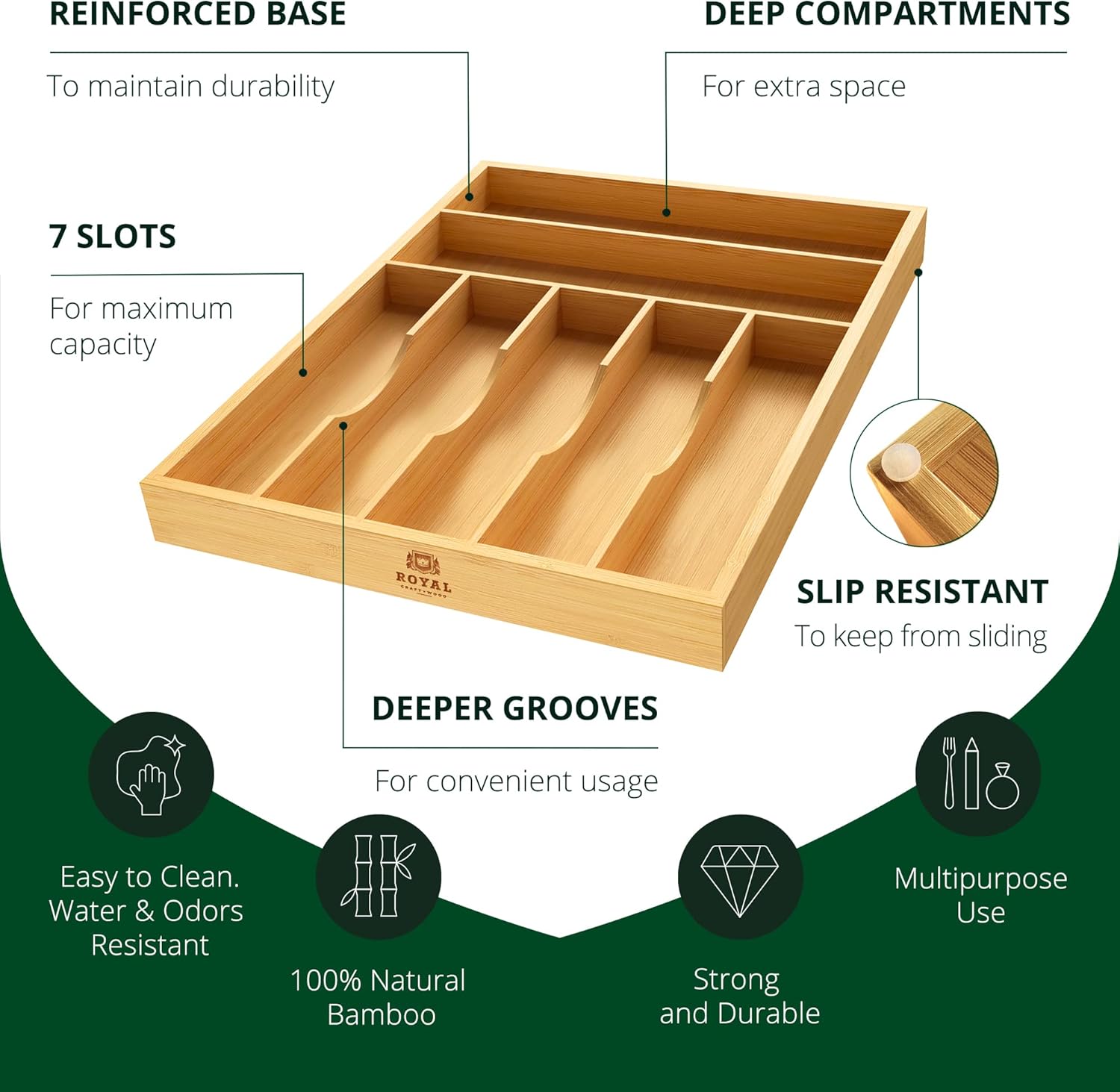 ROYAL CRAFT WOOD Luxury Bamboo Kitchen Drawer Organizer - Silverware Organizer - Utensil Holder and Cutlery Tray with Grooved Drawer Dividers for Flatware and Kitchen Utensils