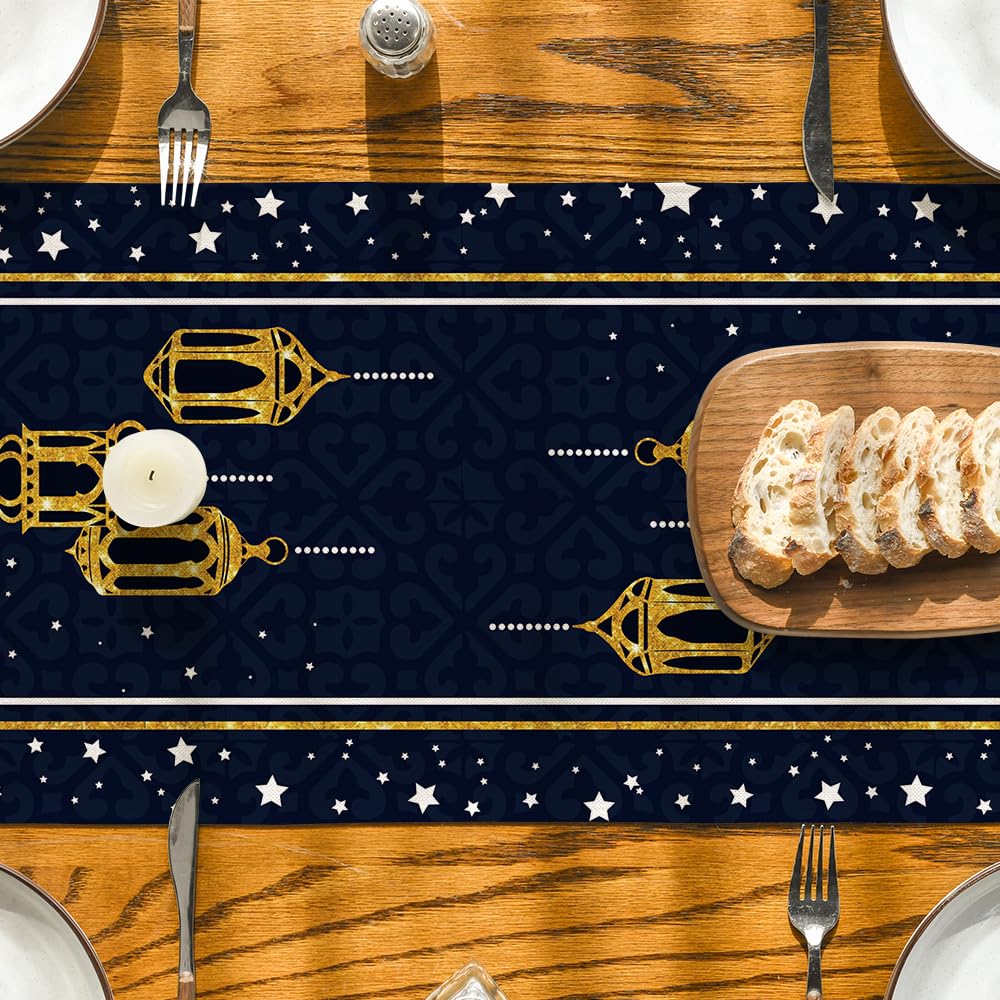 Artoid Mode Black Moon Star Gloden Ramadan Table Runner, Seasonal Summer Holiday Kitchen Dining Table Decoration for Home Party Decor 13 x 72 Inch