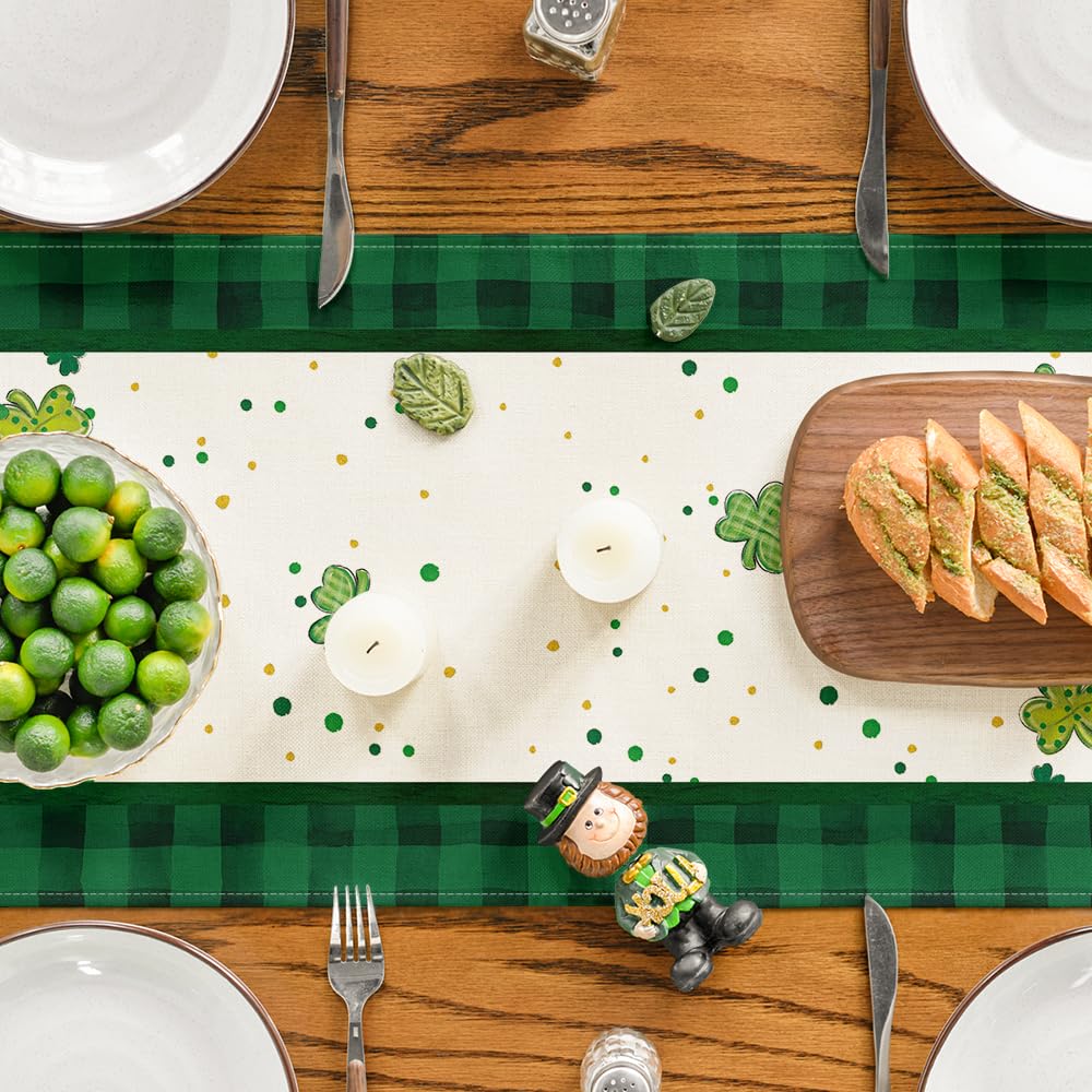 Artoid Mode Buffalo Plaid Shamrock Gnome St. Patrick's Day Table Runner, Seasonal Spring Holiday Kitchen Dining Table Decoration for Indoor Outdoor Home Party Decor 13 x 72 Inch