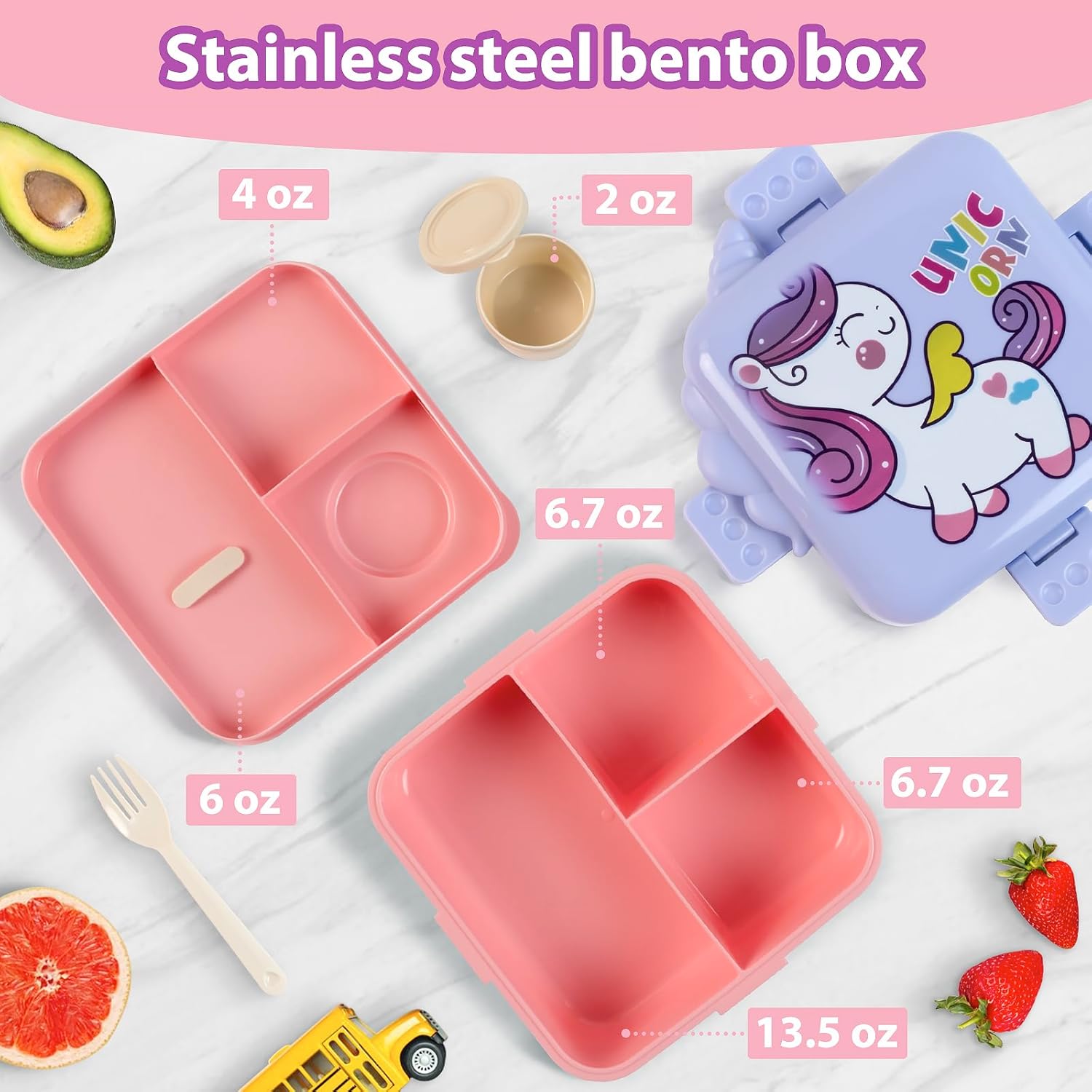Freshmage 2 Pack Plastic Double-Layer Bento Box Container with 3 Compartments (Bule, Pink)