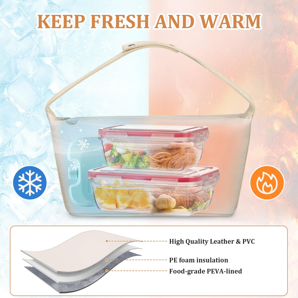 Lunch Bag Set For Women Insulated Leather Woman Lunch Bag With 2 Lunch Box Containers Spoon and Ice Pack Leakproof Reusable High Capacity Lunch Tote Bags for Work, Travel, Outdoor