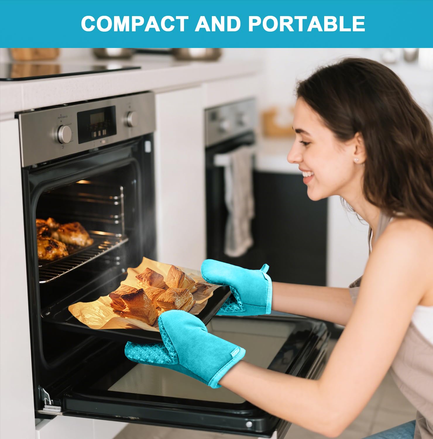 Mini Oven Mitts Heat Resistant Gloves,Silicone Oven Mitts Designed for Air Fryer/Microwave/Oven, Easy Food Handling,Cute Oven Mitt Heat Resistant Up to 500℉, for Adults & Kids，Blue