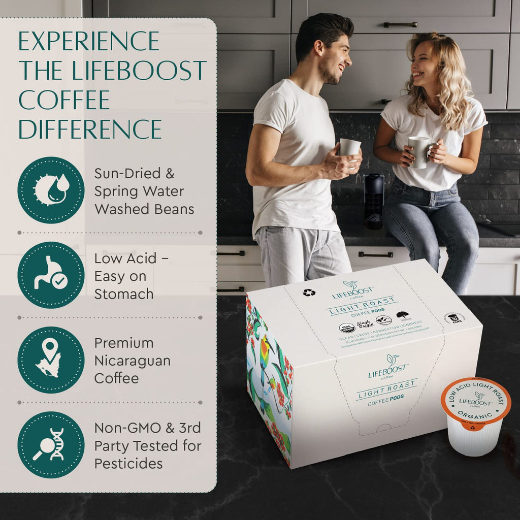 Lifeboost Medium Roast Low Acid Coffee K Cups - Single Origin Mold Free Non-GMO Organic Coffee Pods - Compatible with Keurig & Keurig 2 Machines - 10 Count