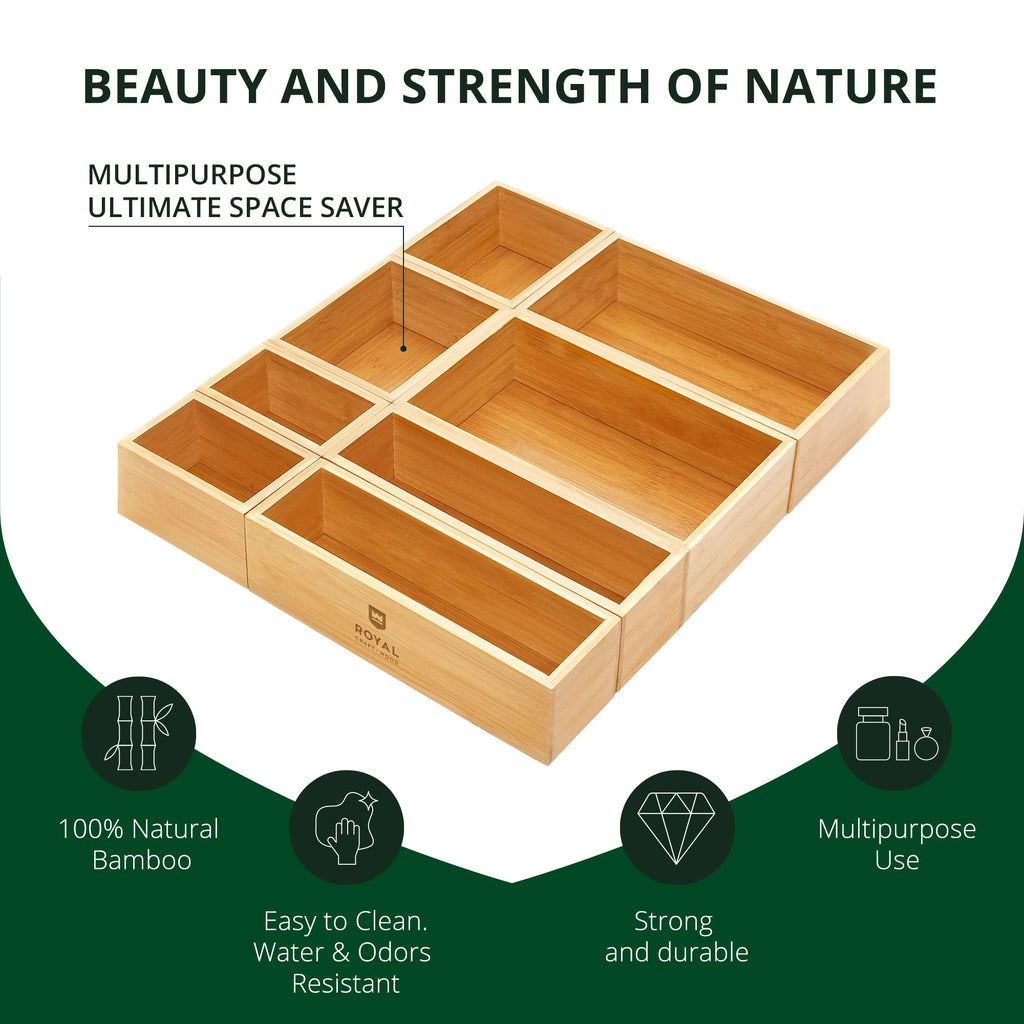 ROYAL CRAFT WOOD 5-Piece Bamboo Drawer Organizer Set – Multi-Use Storage Trays for Kitchen, Bathroom, Office, Makeup, Jewelry & More – Junk Drawer Tray, Utensil Holder, Storage Box & Bin Set (5 Boxes)