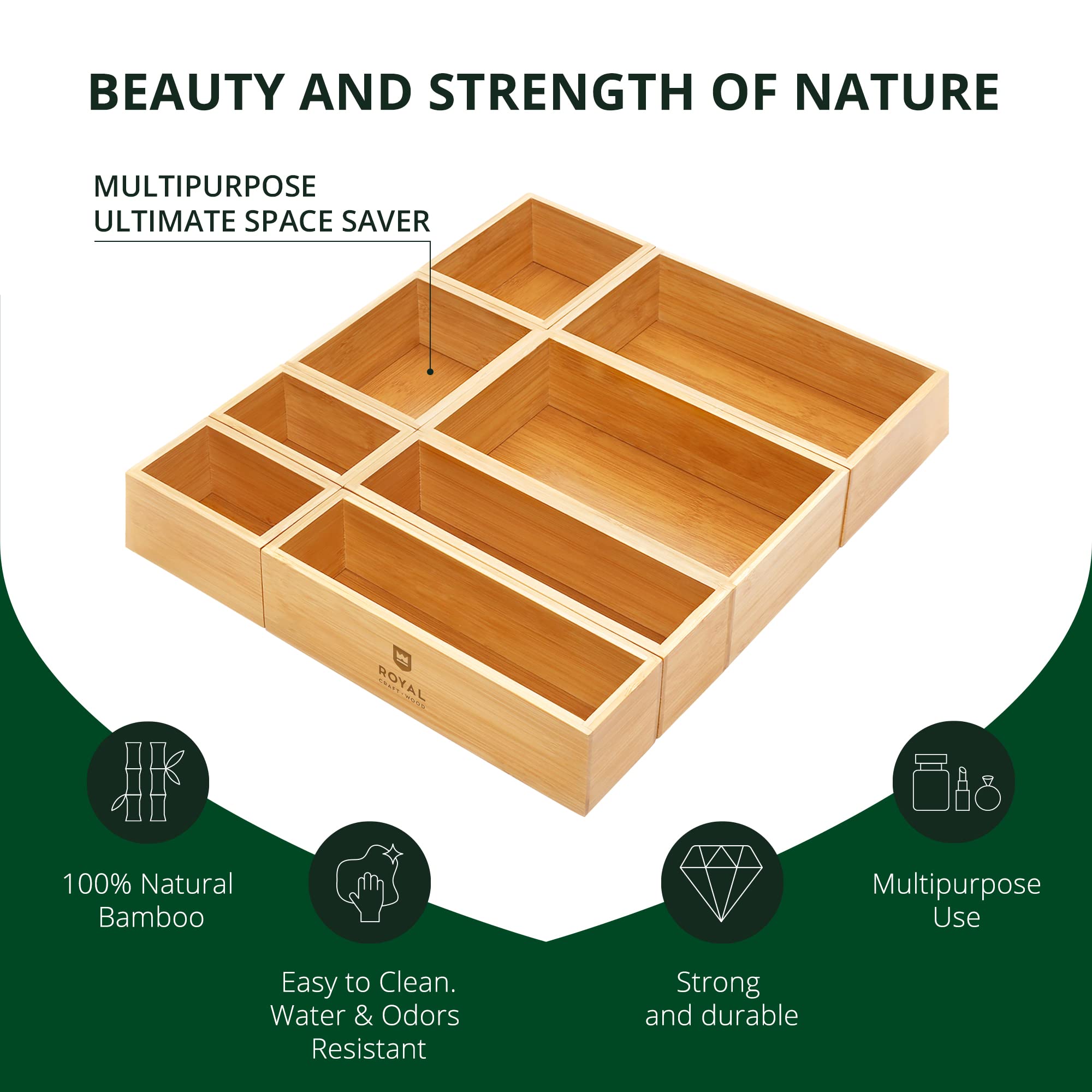 ROYAL CRAFT WOOD 5-Piece Bamboo Drawer Organizer Set – Multi-Use Storage Trays for Kitchen, Bathroom, Office, Makeup, Jewelry & More – Junk Drawer Tray, Utensil Holder, Storage Box & Bin Set (5 Boxes)