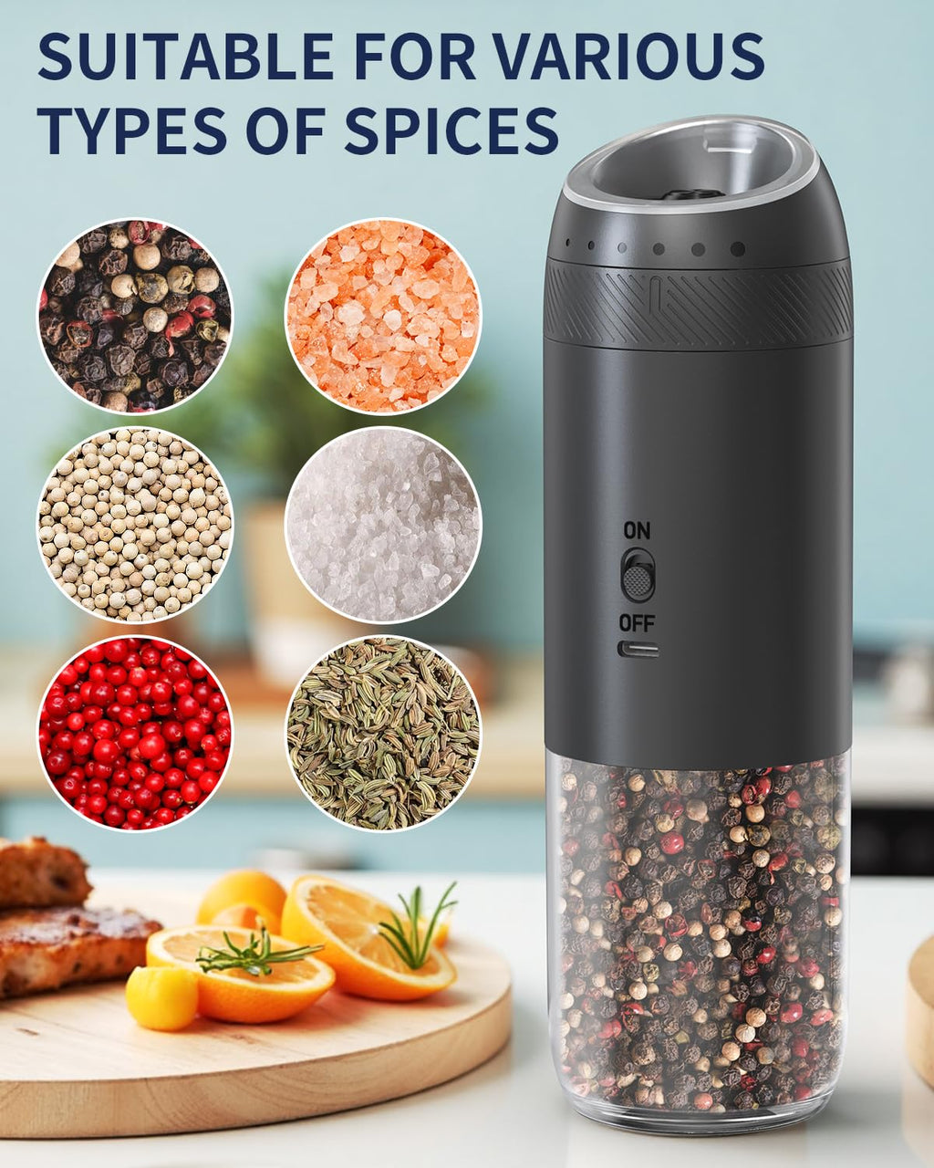 CIRCLE JOY Rechargeable Salt and Pepper Grinder Set Gravity Electric Salt and Pepper Grinder Set, LED Light, Adjustable Coarseness, for Home Kitchen BBQ, Black & White