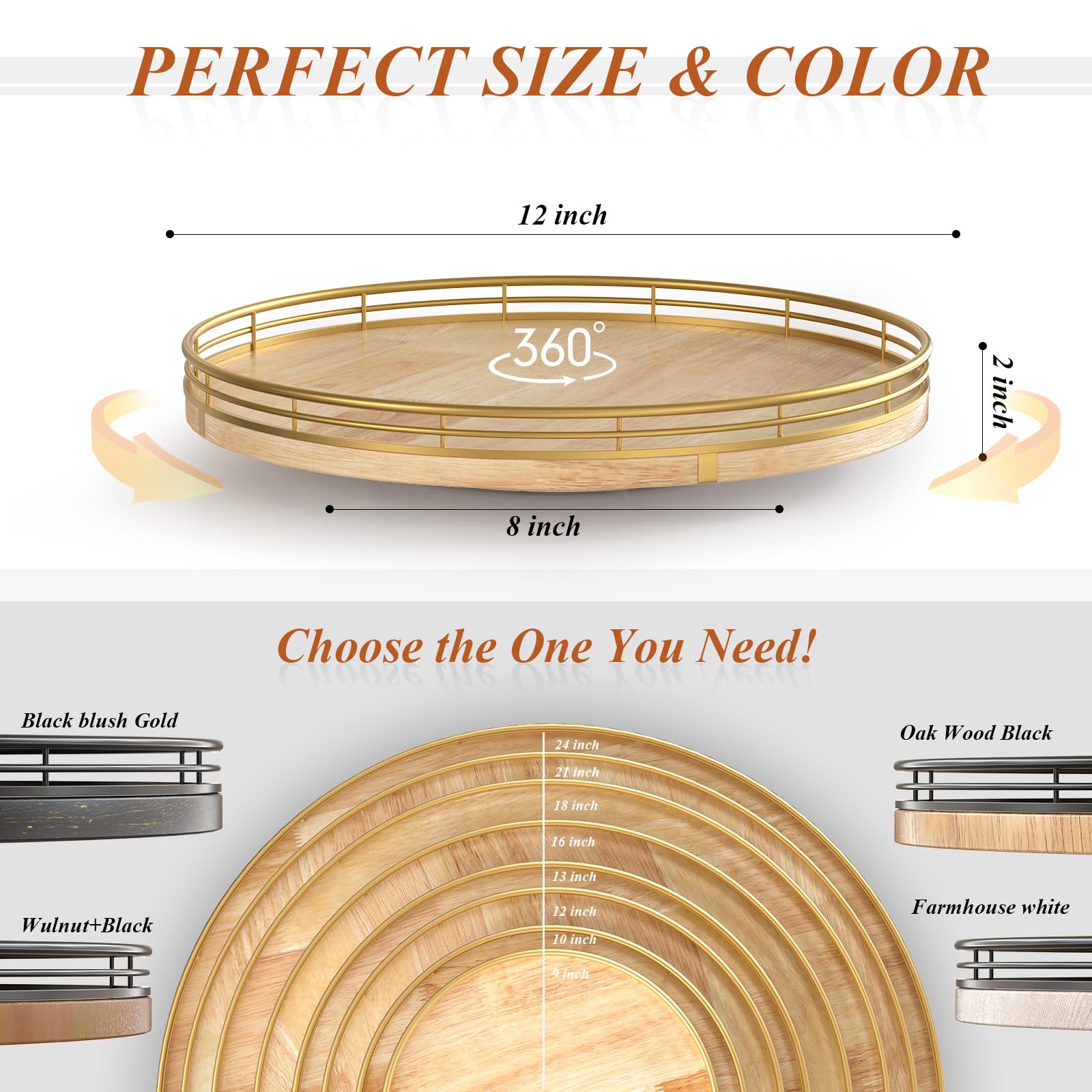 Farmhouse Oak 9" Lazy Susan Turntable Organizer for Cabinet, Round Wooden Lazy Susan Organization and Storage for Dining Table, Pantry, Kitchen, Countertop, Cupboard,Home Decor, Walnut Wood