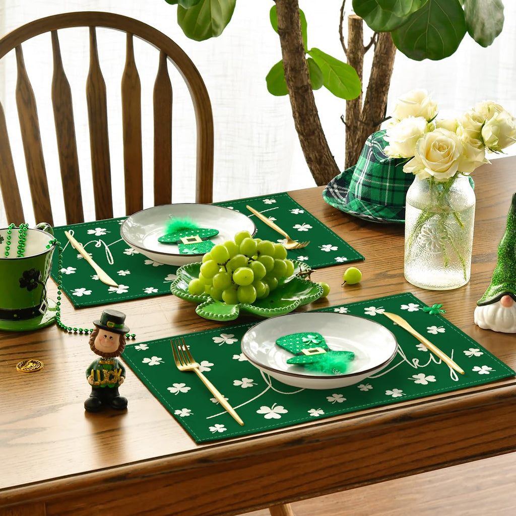 Artoid Mode Green Lucky Shamrock St. Patrick's Day Placemats Set of 4, 12x18 Inch Seasonal Spring Table Mats for Party Kitchen Dining Decoration