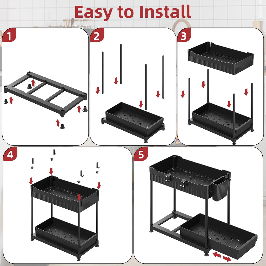 4 Pack Under Sink Organizer, Bathroom Organizers and Storage, 2 Tier Multi-Use Pull Out Cabinet Organizer with Hang Hooks and Cups (Black, 4 Pack)