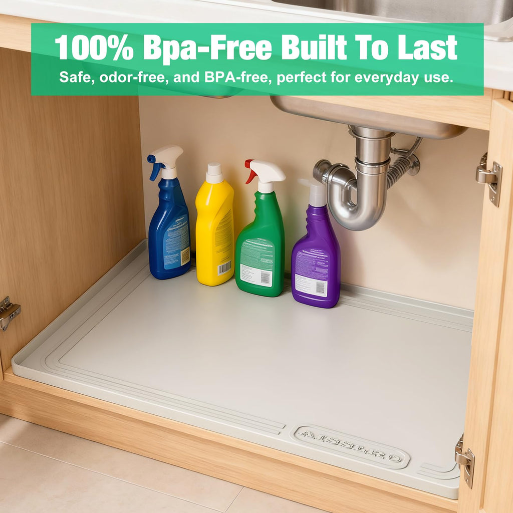 Aisslro Under Sink Mat 22" X 19", Waterproof Silicone Cabinet Protector with Raised Edge, Kitchen & Bathroom Leak Tray, Shelf Liner & Pet Feeding Mat for Dog Cat Food Mats, Light Gray