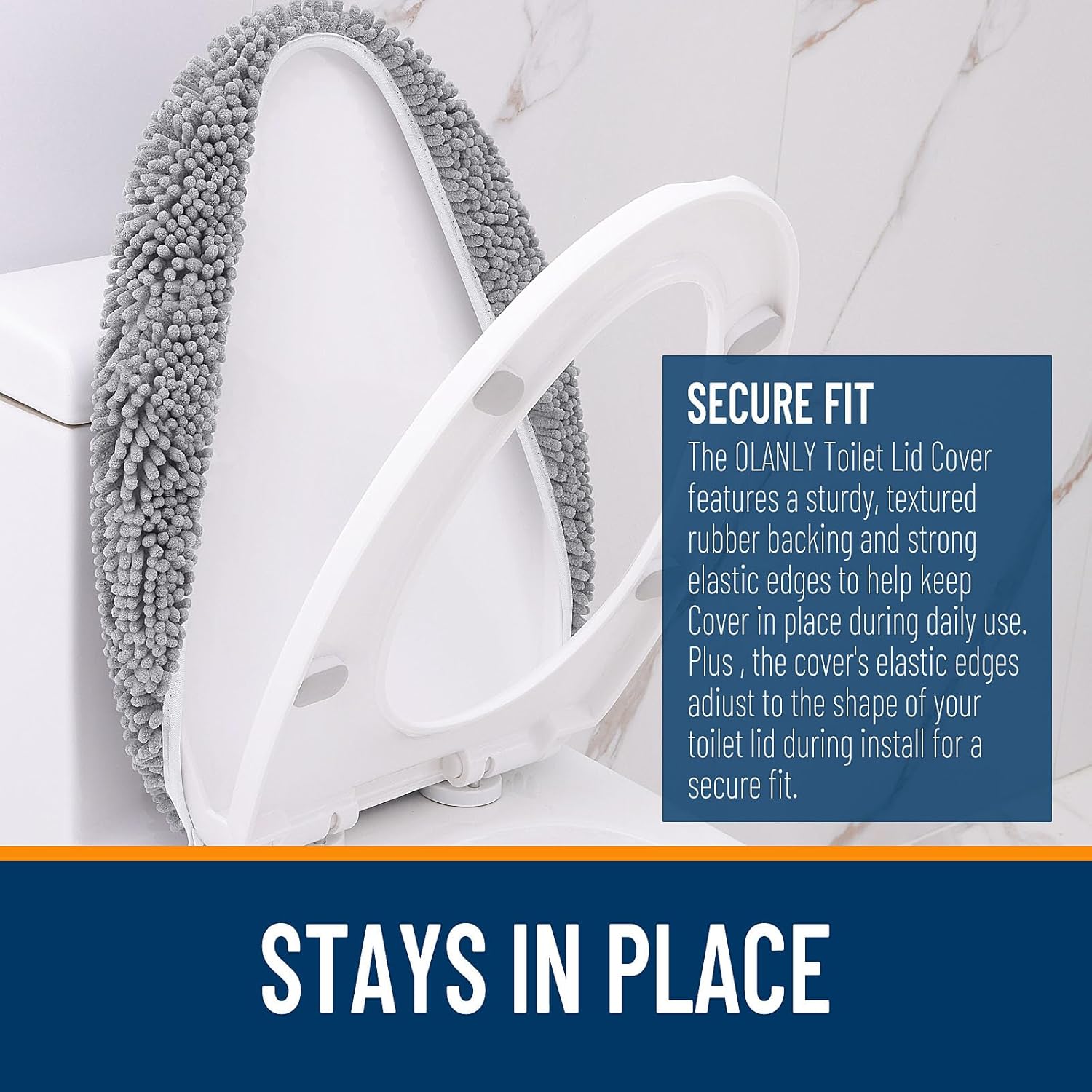 OLANLY Soft Chenille Bathroom Toilet Lid Cover, Machine Washable Seat Covers, 17.5x15, Stays in Place Rubber Backing, Fits Most Round, Elongated and Oblong Lids, Accessories Decor, Gray