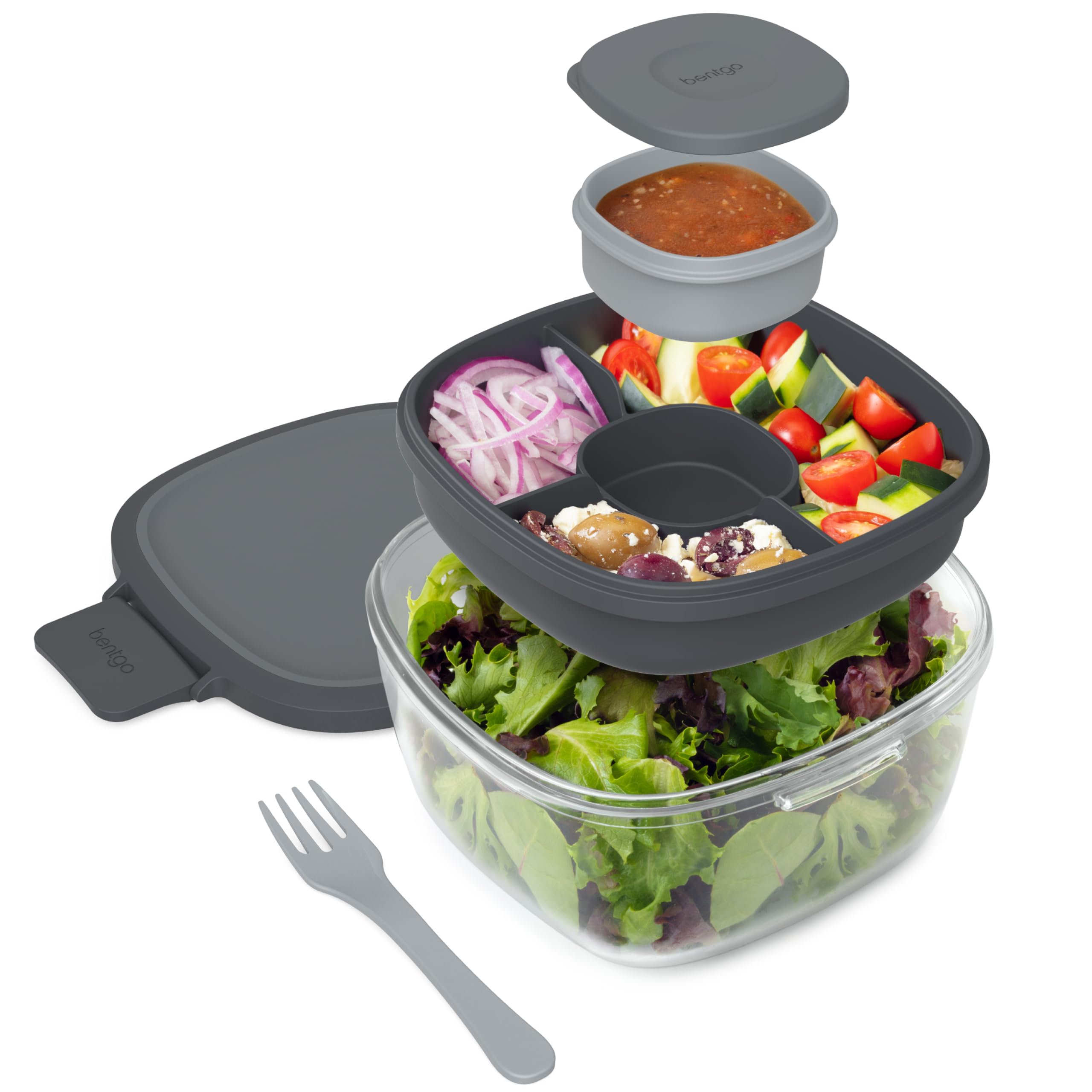 Bentgo Glass Salad Container - 7.6-Cup Salad Bowl with Airtight Lid, Leak-Proof Sauce Container, 4-Compartment Bento Tray & Reusable Fork - BPA-Free for Meal Prep, Office & More (Lavender)