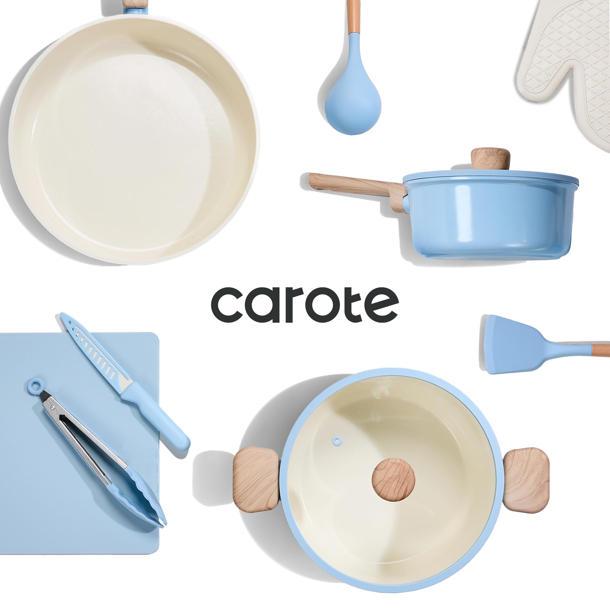 CAROTE 24pcs Ceramic Cookware Set, Pots and Pans Non Stick Kitchen Cookware Sets, Pots and Pans Set Cooking Set with Knife Set
