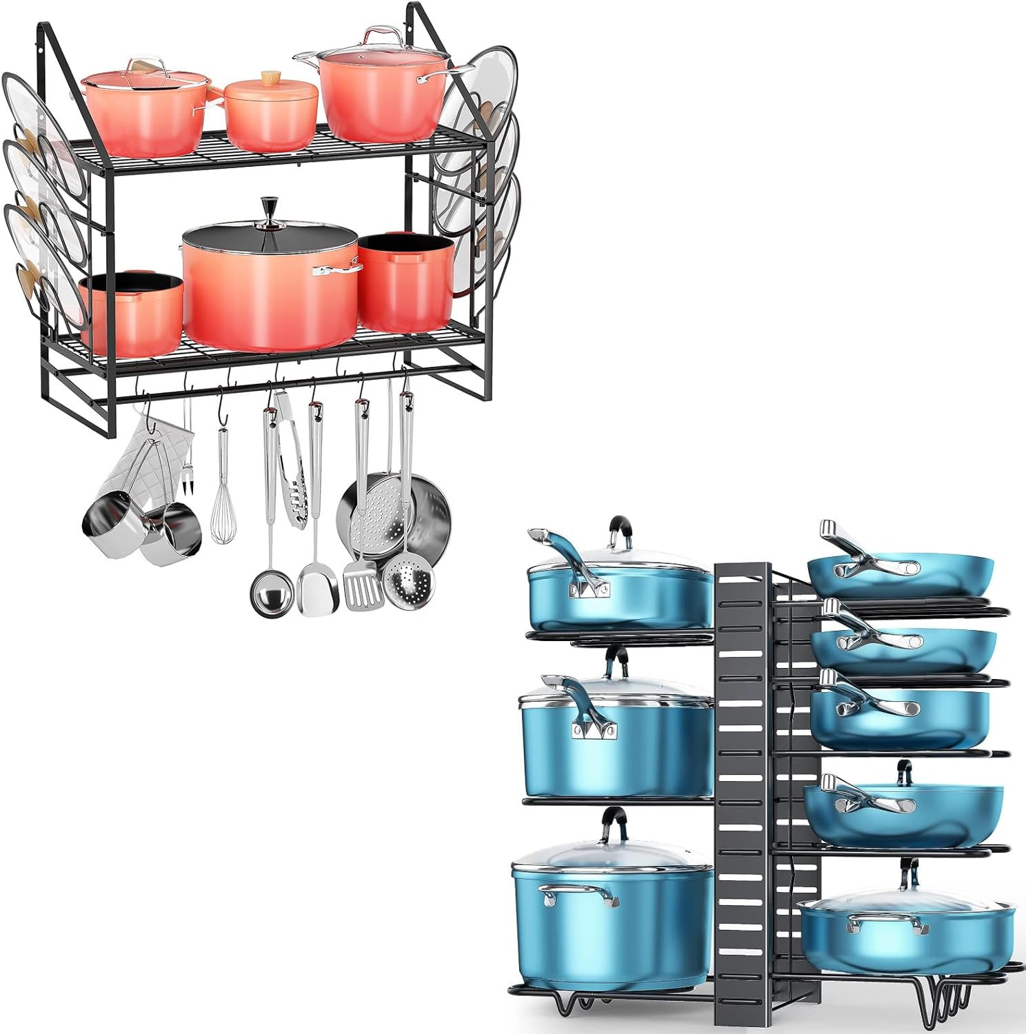 ORDORA Pots and Pans Organizer for Cabinet 16.61 Height, 28-Inch Pot Rack Wall Mounted, 2-Tier Pots and Pans Hanger with 12 Hooks