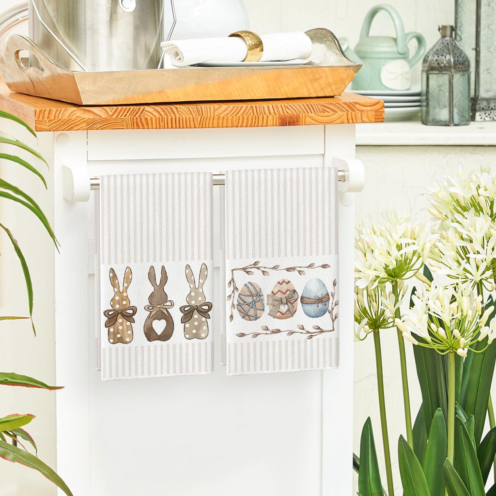 Artoid Mode Stripe Rabbit Bunny Eggs Easter Kitchen Towels Dish Towels, 18x26 Inch Spring Decoration Hand Towels Set of 2