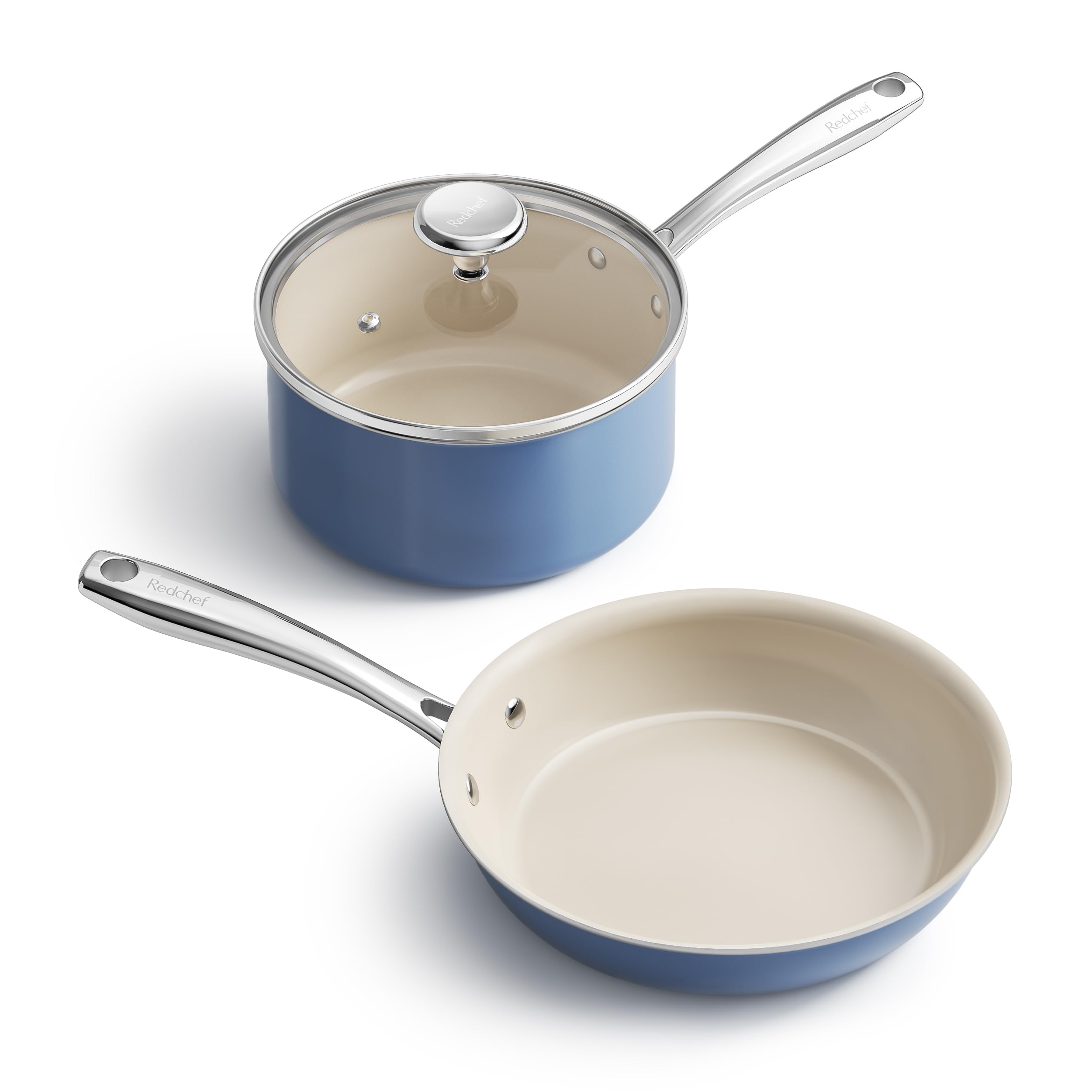 Redchef Sauce Pan & Frying Pan Set, 8" Ceramic Nonstick Fryingpan & 2.5Qt Saucepan with Lid, Mini Cookware Set, Induction Compatible, Nontoxic PTFE PFOA Free, Oven & Dishwasher Safe, Beige
