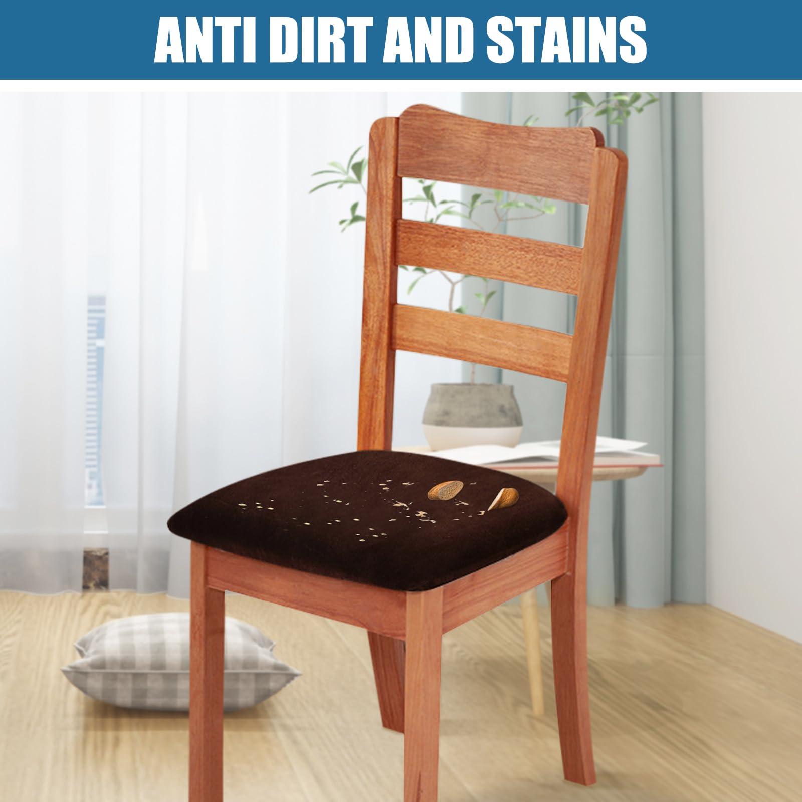 Smiry Velvet Seat Covers for Dining Room Chair Set of 4, Stretch Fit Removable Washable Chair Seat Cushion Protector Slipcovers with Ties, Black