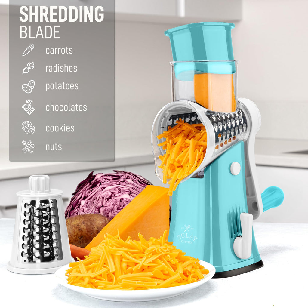 Zulay Kitchen Rotary Cheese Grater 5 Blade Cheese Shredder - Manual Hand Crank Cheese Grater With Reinforced Suction & 5 Interchangeable Drums - Easy to Use, Vegetable Chopper Round Mandoline Slicer