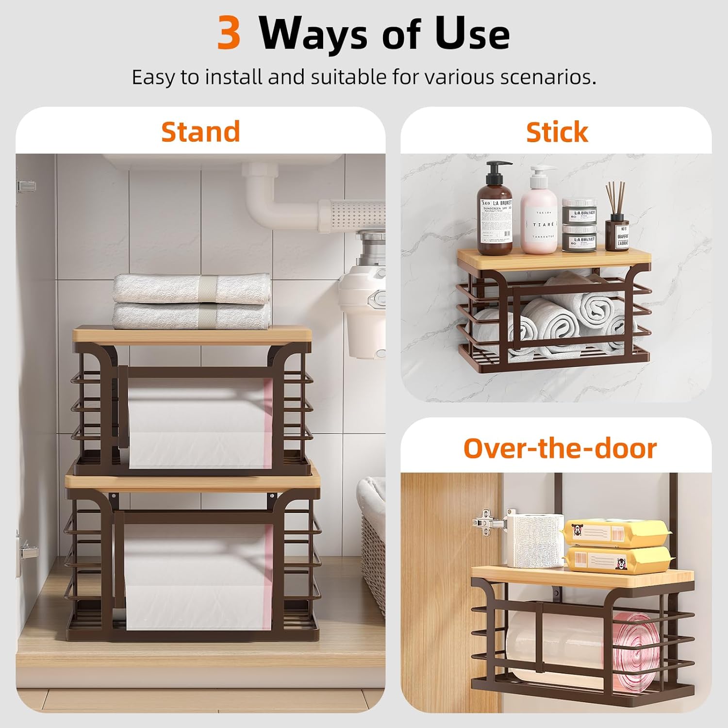 2 Pack Stackable Trash Bag Holder with Bamboo Top, 2025 Pro Wall Mount Laundry Room Organization, Djustable Hooks for Cabinet Door - Organizers in Kitchen/Pantry/Laundry Room, Brown