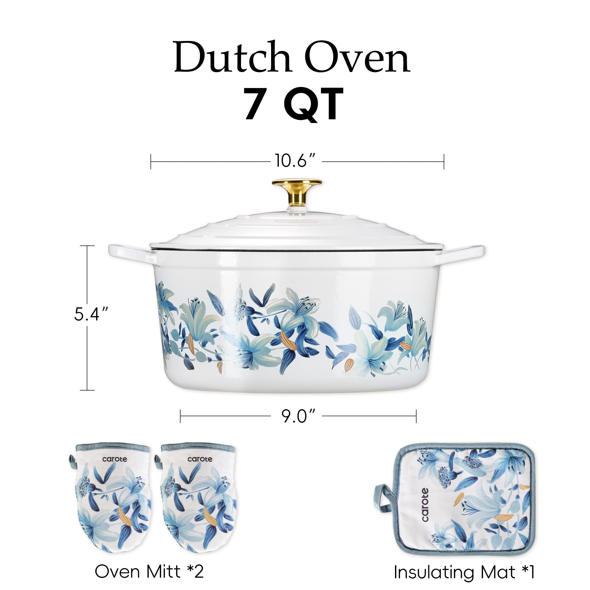 CAROTE 5 QT Cast Iron Dutch Oven Pot with Lid, Enameled Floral Dutch Ovens with Cotton Potholders & Oven Gloves, Gift Box, Cast Iron Pot for Sourdough Bread Baking, Braising, Stews, Roasting, Dual Handles, All Stovetop Compatible, Oven Safe up to 500° F,